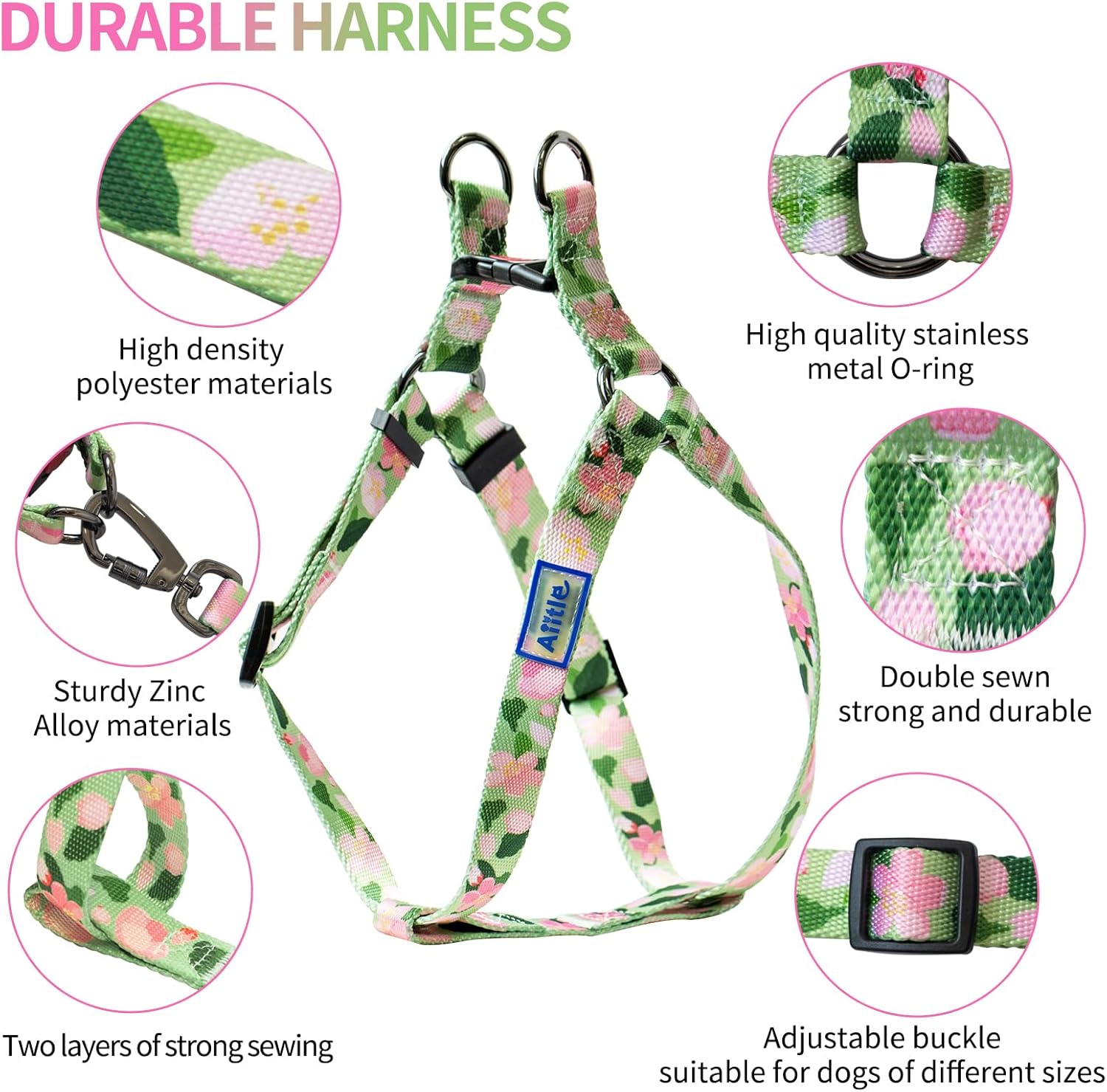 AIITLE Arnés para perro, correa y collar sin tirones, collar básico ajustable con una correa resistente, hebilla súper resistente y anillo en D,