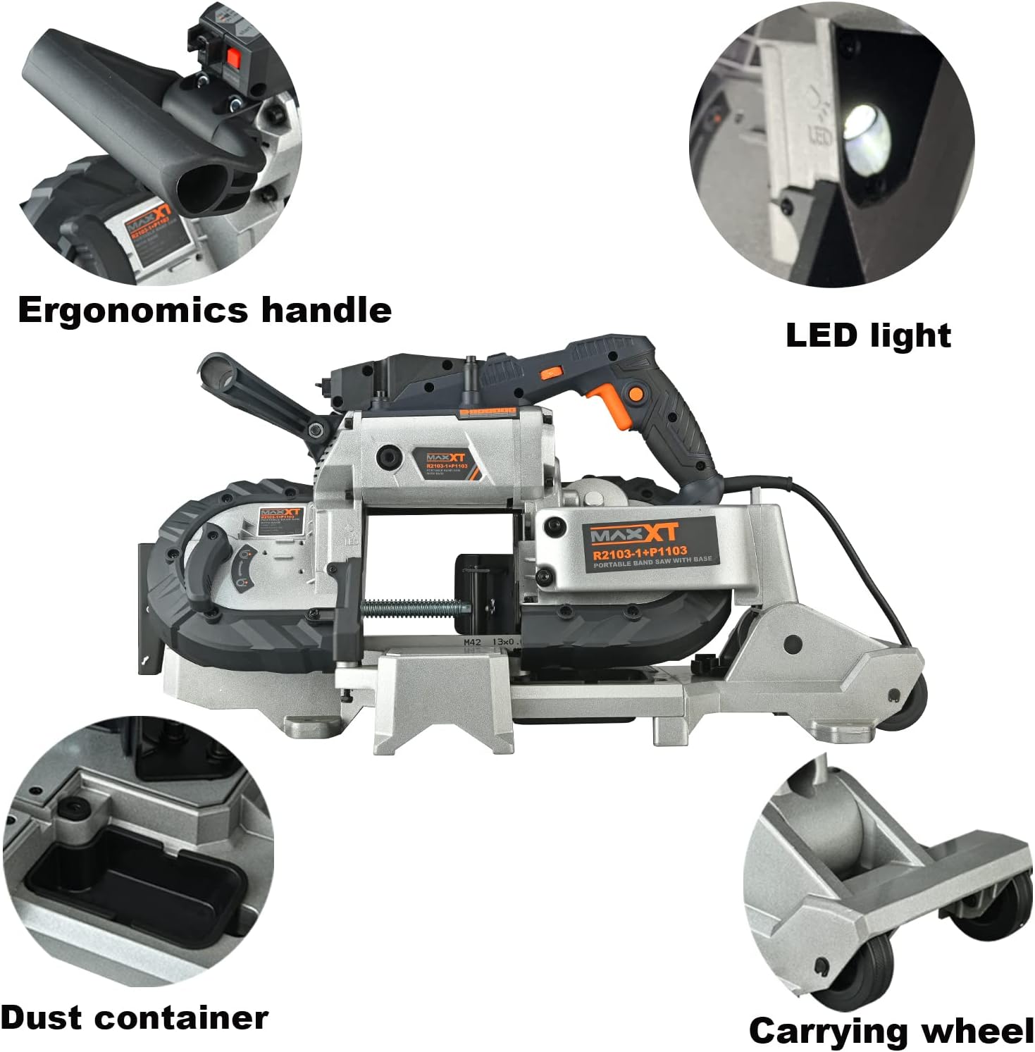 MAXXT Sierra de cinta con base de aluminio ligero de 10 amperios y 5 pulgadas de corte profundo, velocidad variable, corte automático multiusos con