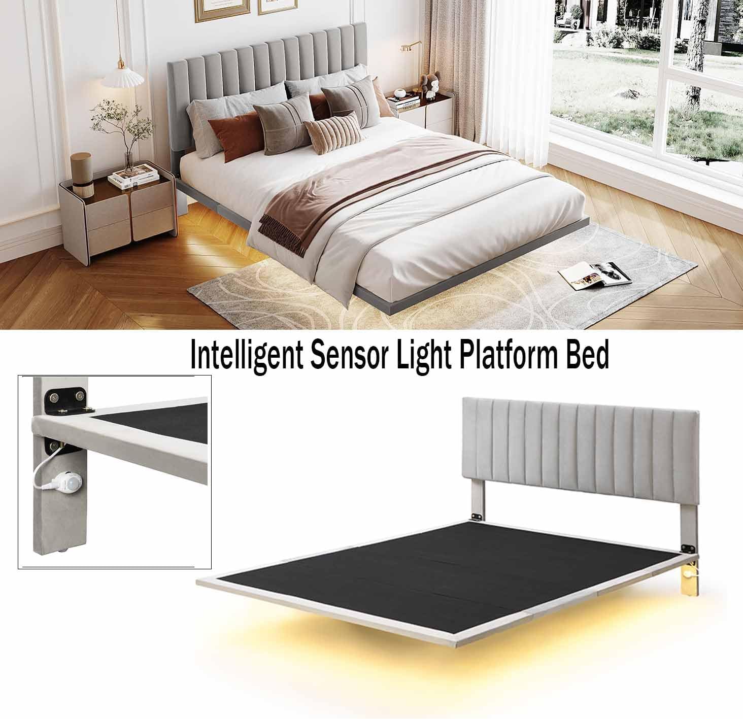 Base de cama flotante Queen con luz LED  cabecero, base de cama moderna de tela de terciopelo, base de colchón, soporte de listones de madera, no