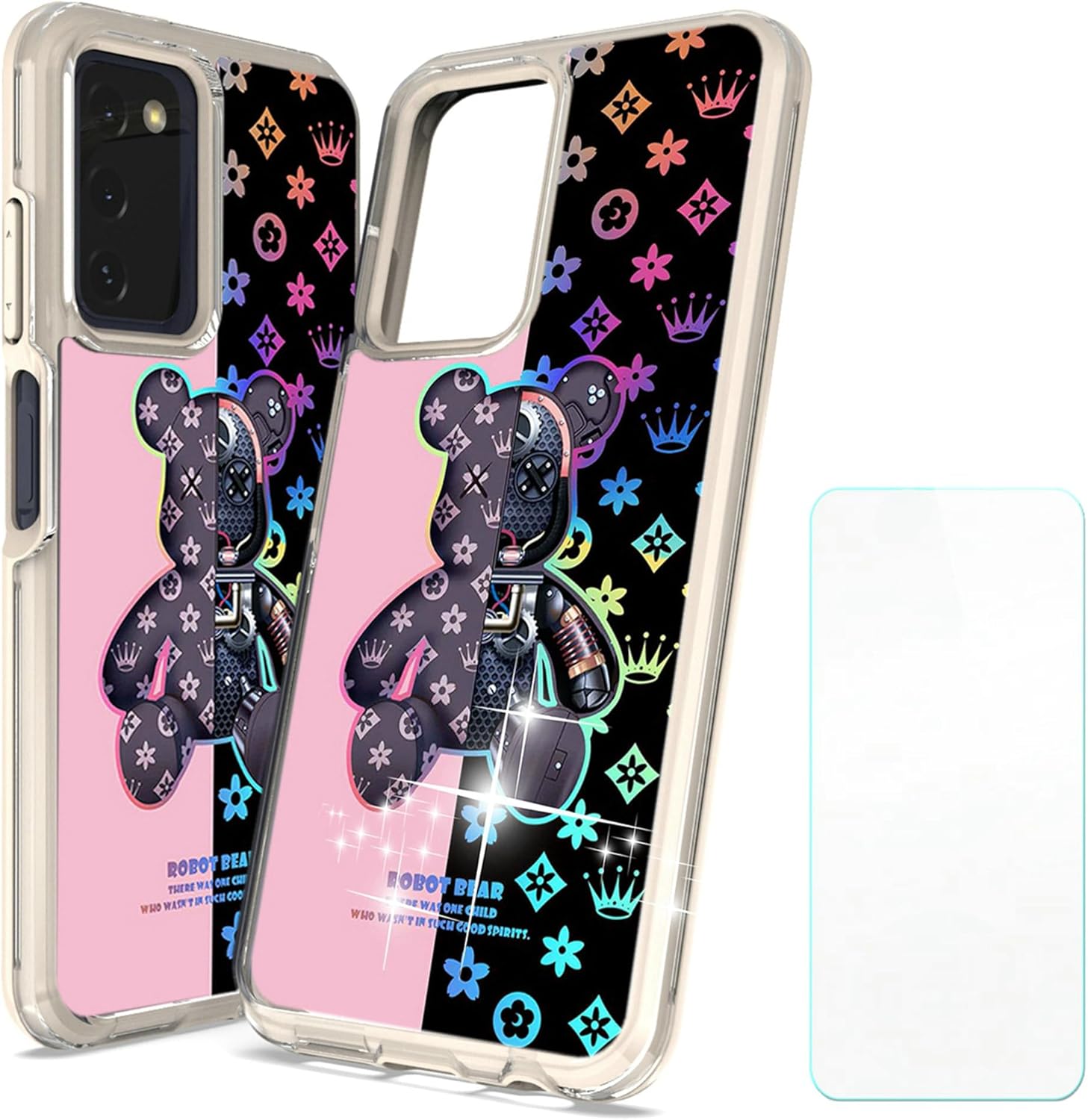 Funda para Galaxy A03S compatible con Samsung A03S S134dl con protector de pantalla de vidrio templado PC duro + silicona suave luz reflectante