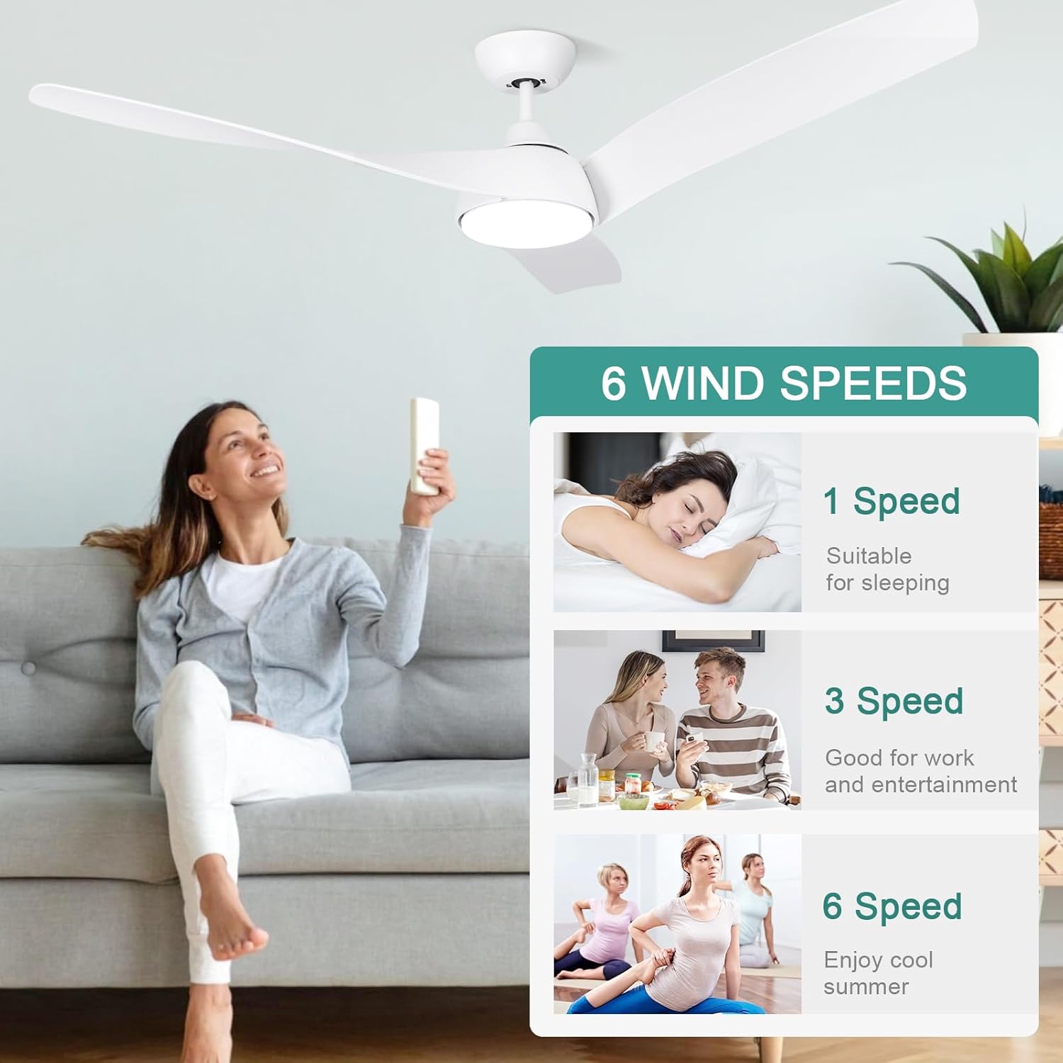 SODSEA Ventilador de techo con luces, ventilador de techo para exteriores de 56 pulgadas con control remoto, 3 aspas reversibles, regulable, 2