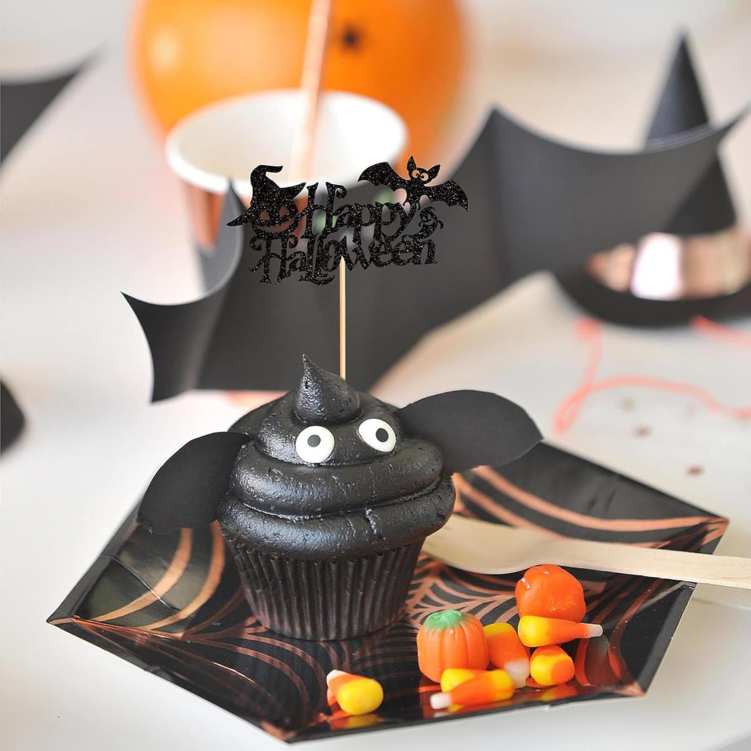 Ercadio Paquete de 24 adornos para cupcakes de Halloween con purpurina negra, murciélago, fantasma, calabaza, sombrero de Halloween para cupcakes,