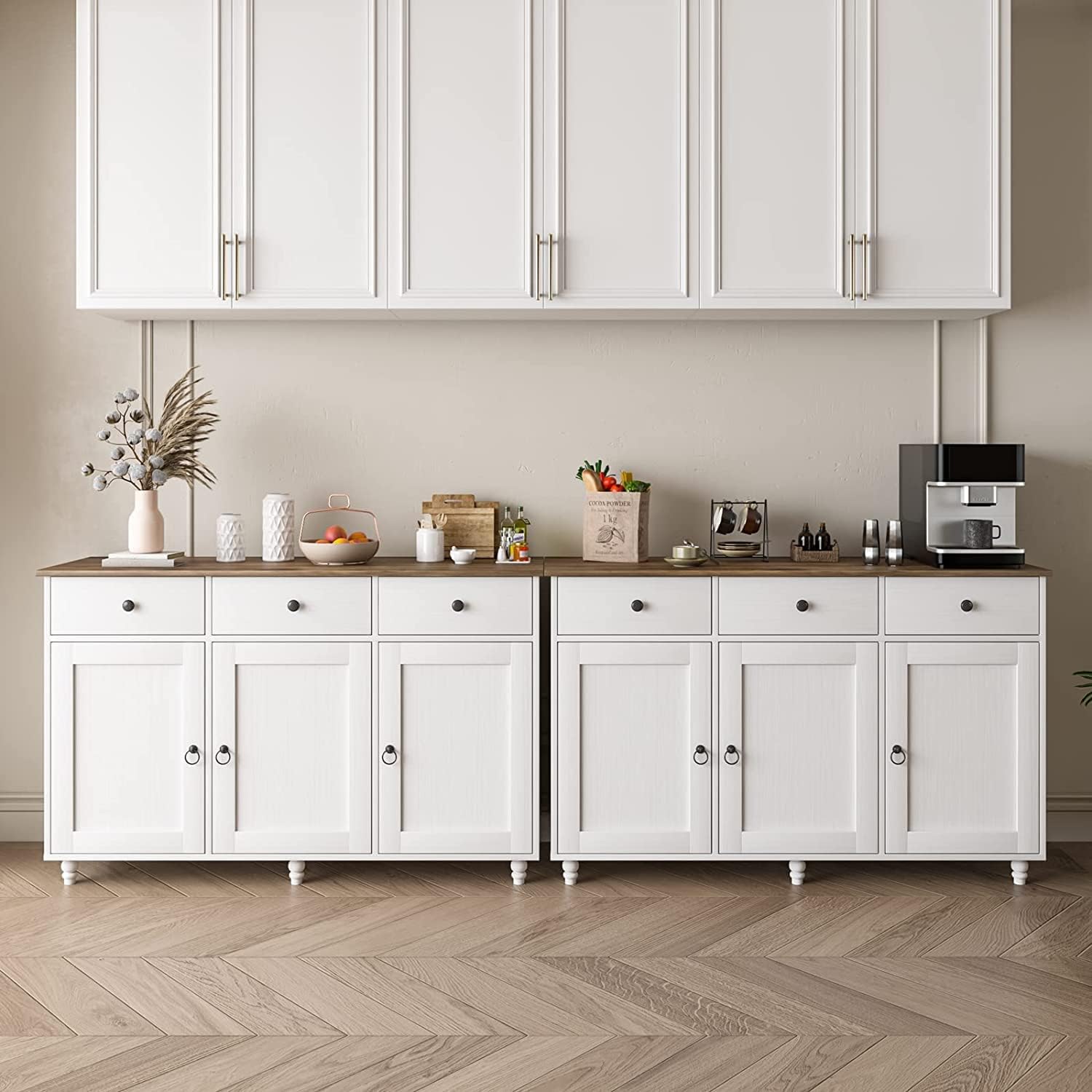 Armario de buffet blanco con almacenamiento, gabinete de cocina de 47 pulgadas con puertas de granero, armario de almacenamiento aparador con
