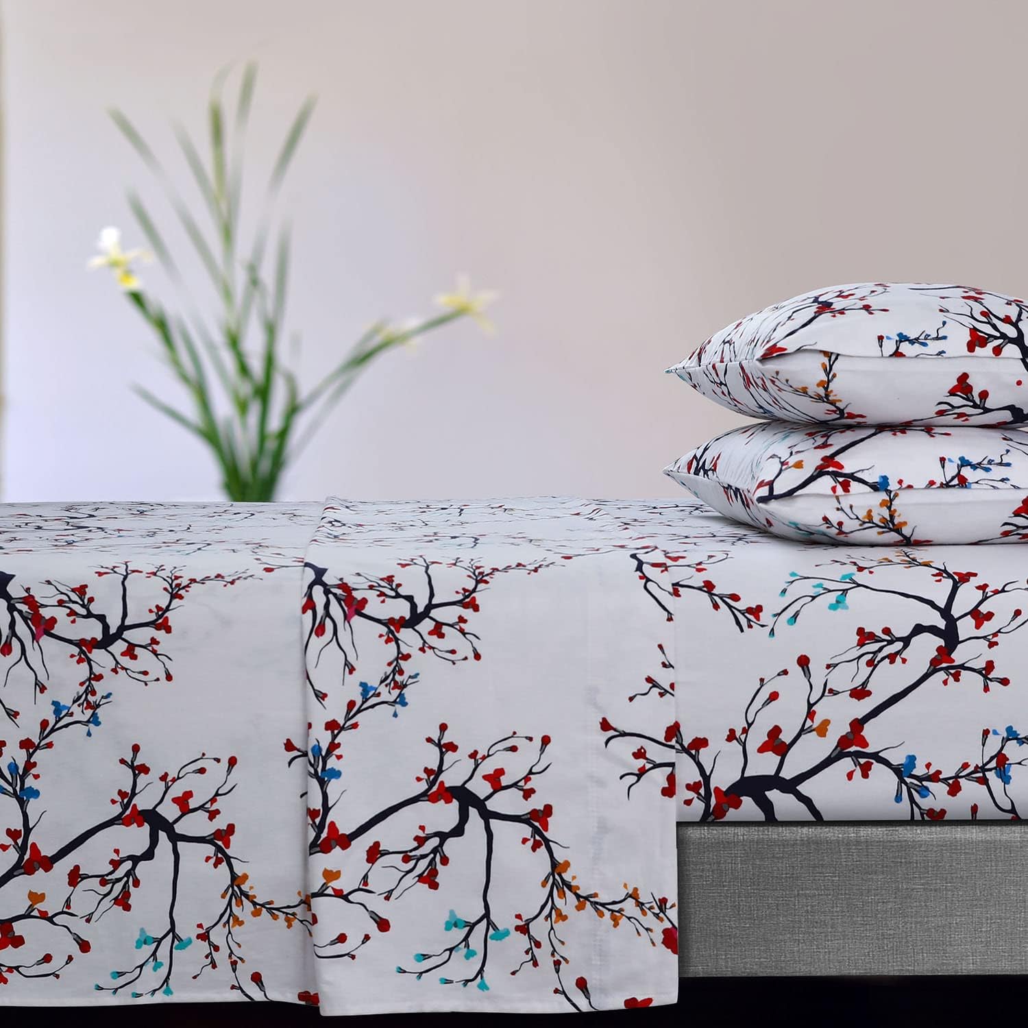 Tribeca Living Emilia Tree – Juego de sábanas de franela de bolsillo extra profundo de 170 GSM, tamaño matrimonial, rojo, (EMILIASHEFU)