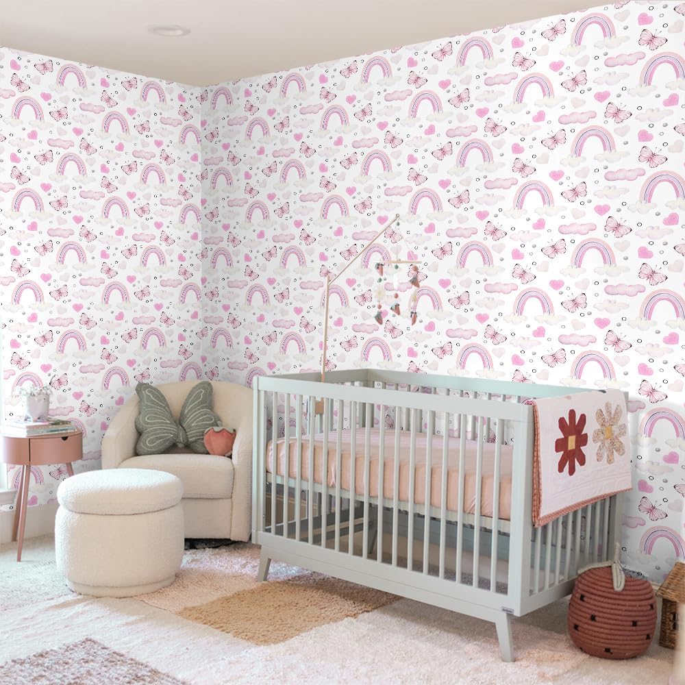 Papel tapiz de vinilo de 17.7 x 236.2 pulgadas, color rosa, arcoíris, mariposa, despegar y pegar, para habitación de los niños, para muebles de