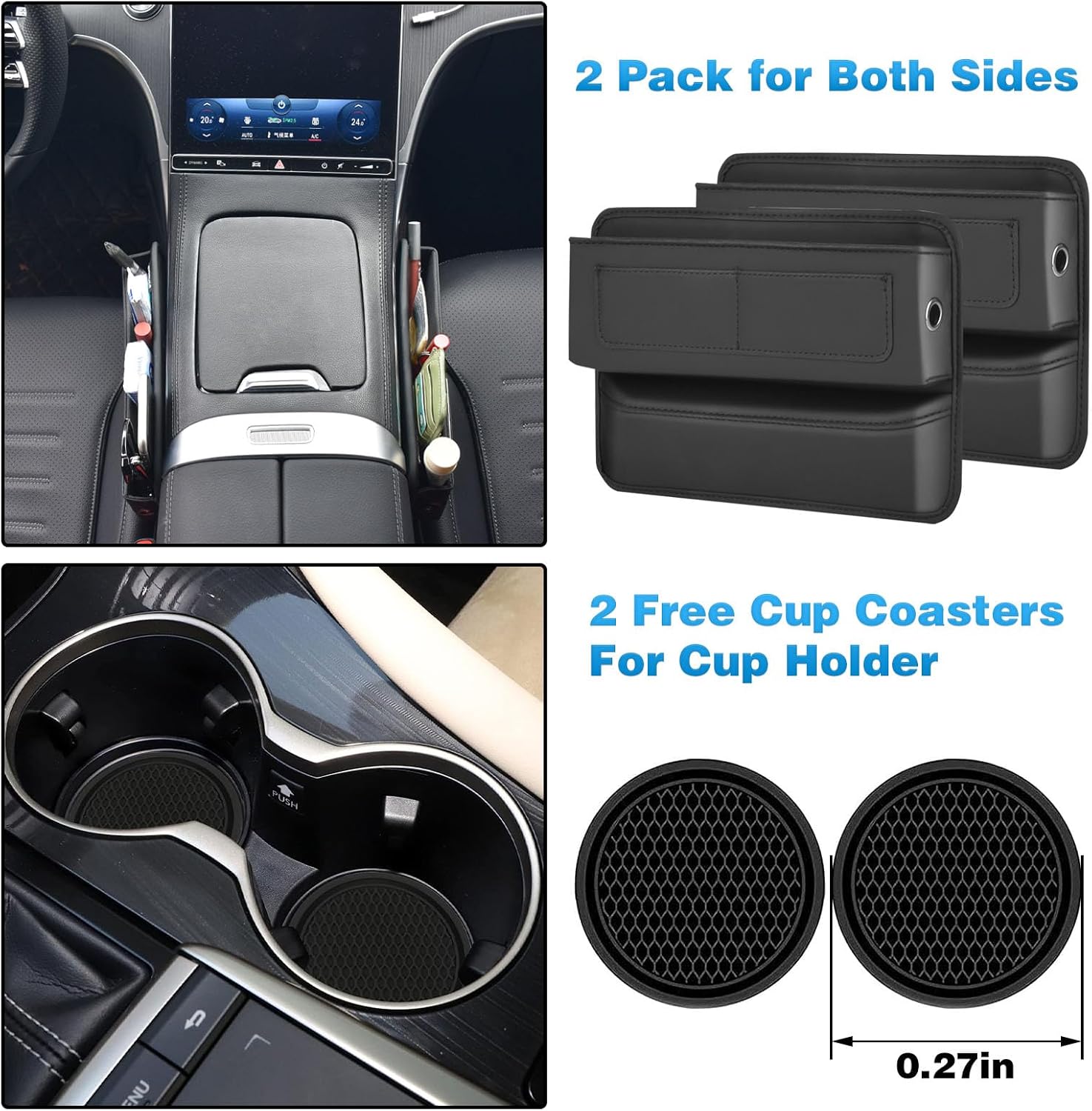 FUTRPOW Paquete de 2 fundas para asiento de automóvil, organizador universal para asiento de automóvil con posavasos de 2 tazas, caja de
