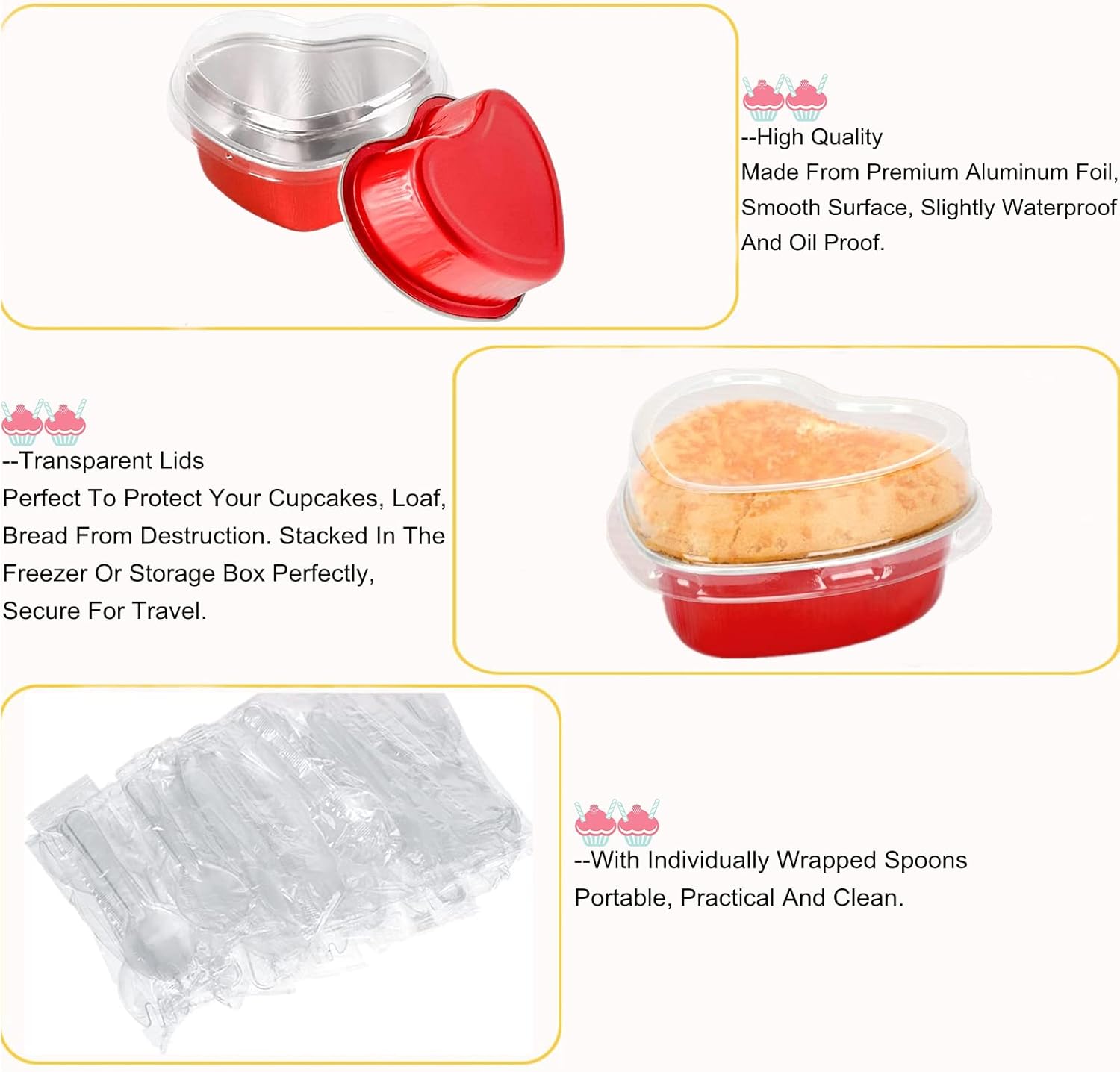 AXZTYYLA – Paquete de 50 moldes para pasteles en forma de corazón, de papel de aluminio, de 3.4 onzas, con tapas y cucharas, forros desechables para