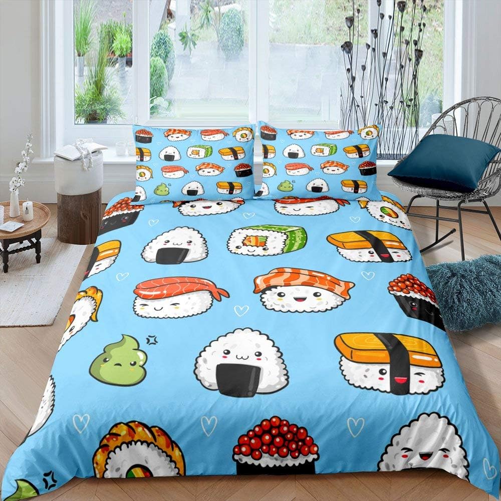 Erosebridal Juego de funda de edredón de sushi para niños, funda de edredón de comida kawaii, tamaño Queen, juego de ropa de cama de estilo japonés
