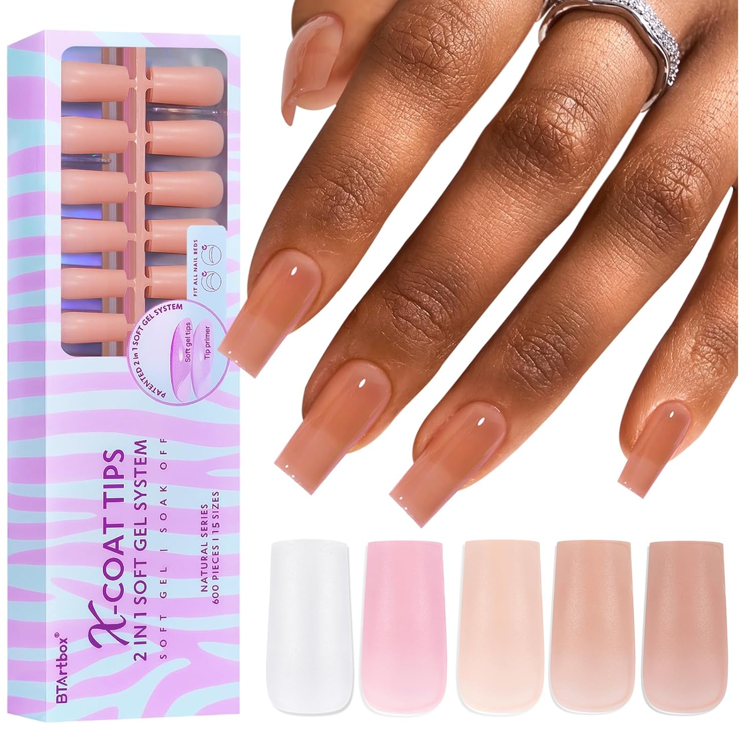 BTArtbox Puntas de uñas de gel cuadradas largas, uñas postizas a presión, 600 unidades, 5 colores, XCOATTIPS naturales con punta preaplicada,