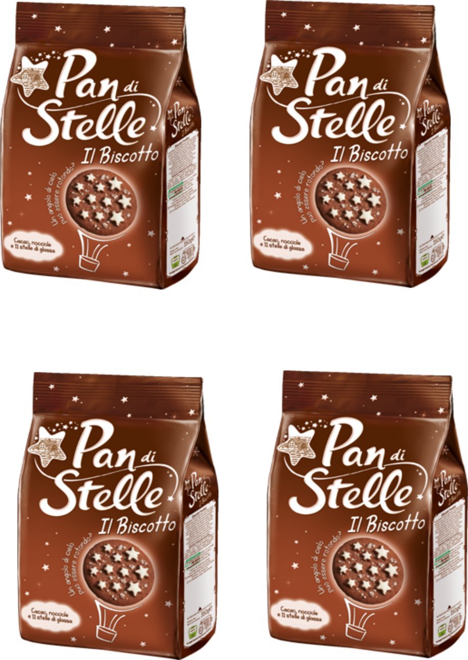 Mulino Bianco Galleta “Pan di Stelle” con cacao, avellanas y muchas estrellas mágicas de glaseado – 12.34 oz (350 g) Paquete de 4 Importación