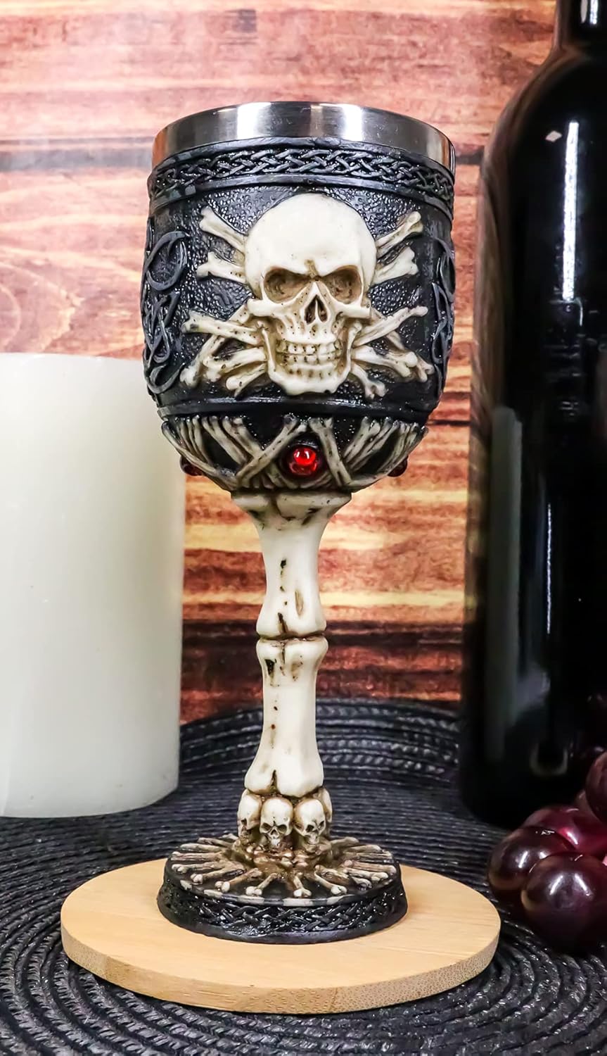 Ebros Gift Árbol esquelético de la vida, cráneo, esqueleto, cruz, huesos, espinas y costillas con gemas rojas, pequeño de 6 pulgadas de alto, copa