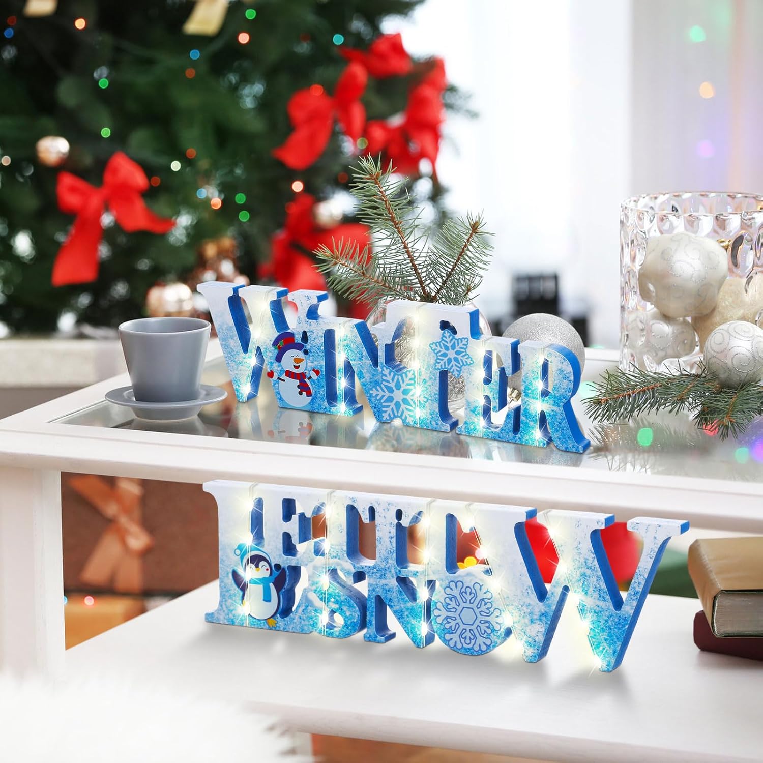 2 piezas de centro de mesa de Navidad con luces LED de invierno, muñeco de nieve, muñeco de nieve, adorno iluminado para decoración de bandeja