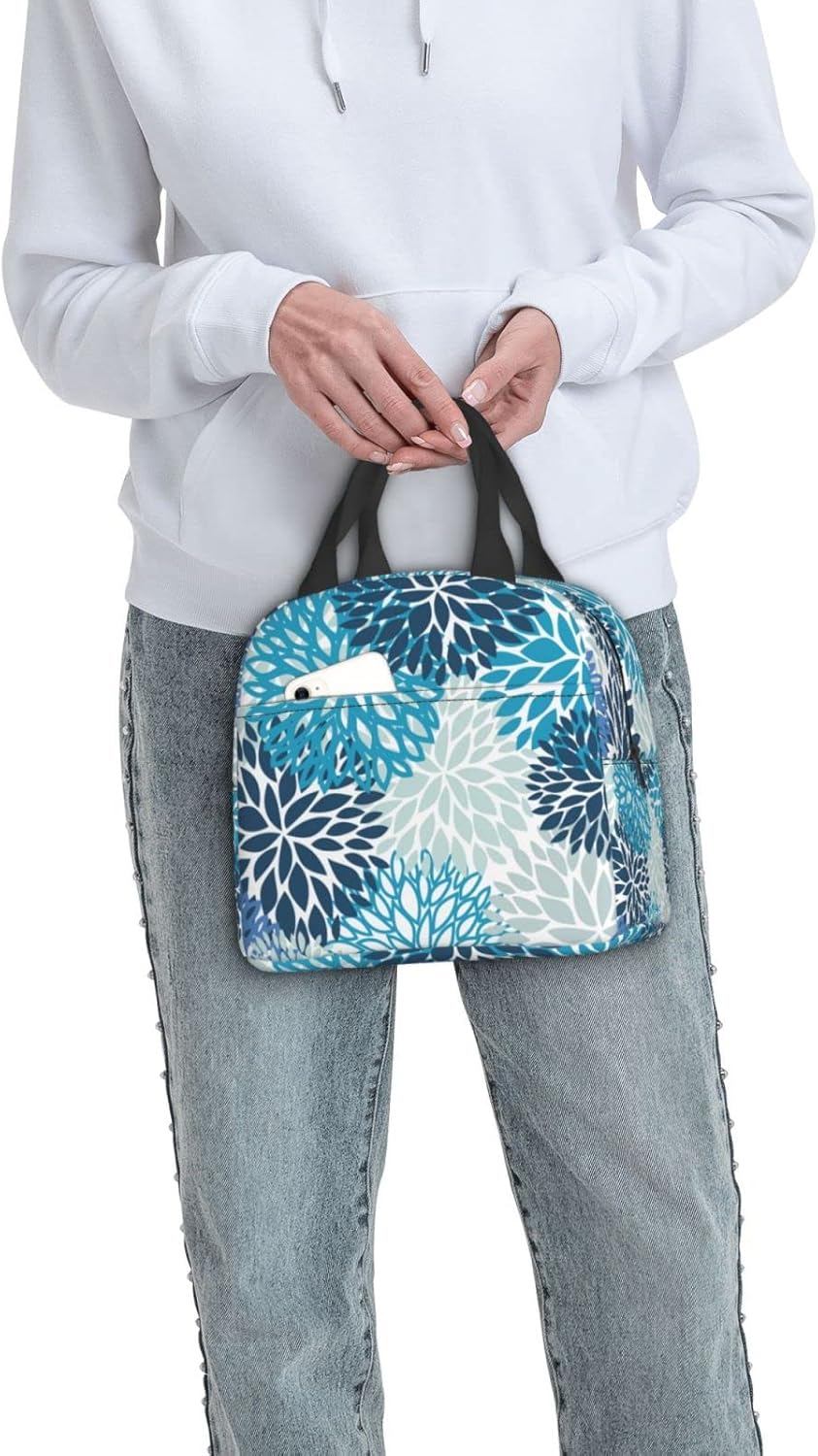 Bolsa de almuerzo con flores de crisantemo, color azul marino, compacta, reutilizable, contenedor para mujeres, hombres, escuela, oficina, trabajo,