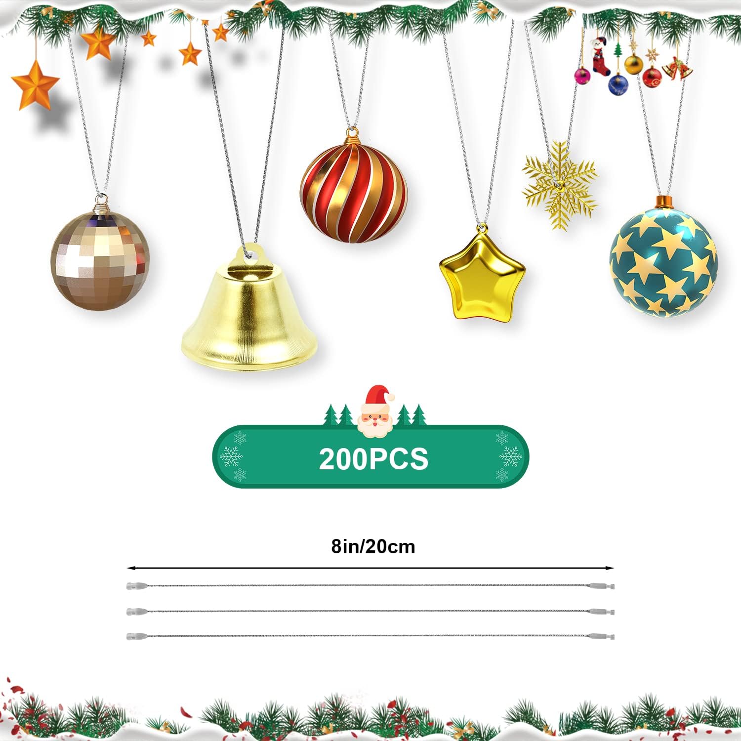 200 cuerdas para colgar adornos navideños, cinta metálica de 8 pulgadas para colgar adornos con cierre a presión, cordón a presión para decoración