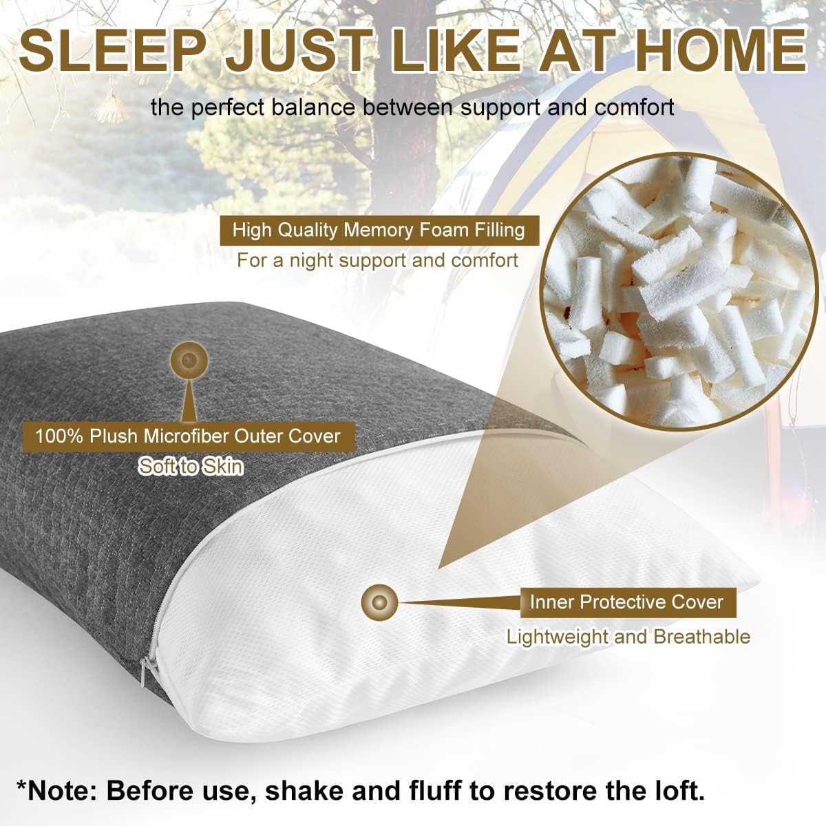 Ivellow Almohada de viaje de espuma viscoelástica comprimible para dormir, almohada de espuma viscoelástica triturada, almohada de viaje compacta y