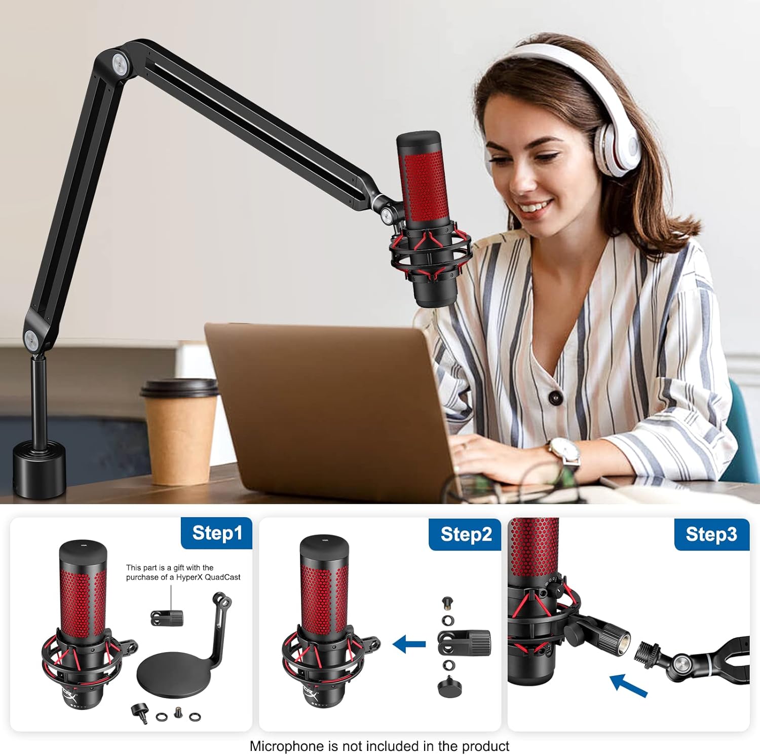 Brazo de micrófono, Aokeo AK-45 – Soporte de brazo de tijera de suspensión para micrófono compacto ajustable para Blue Yeti, Snowball iCE, HyperX