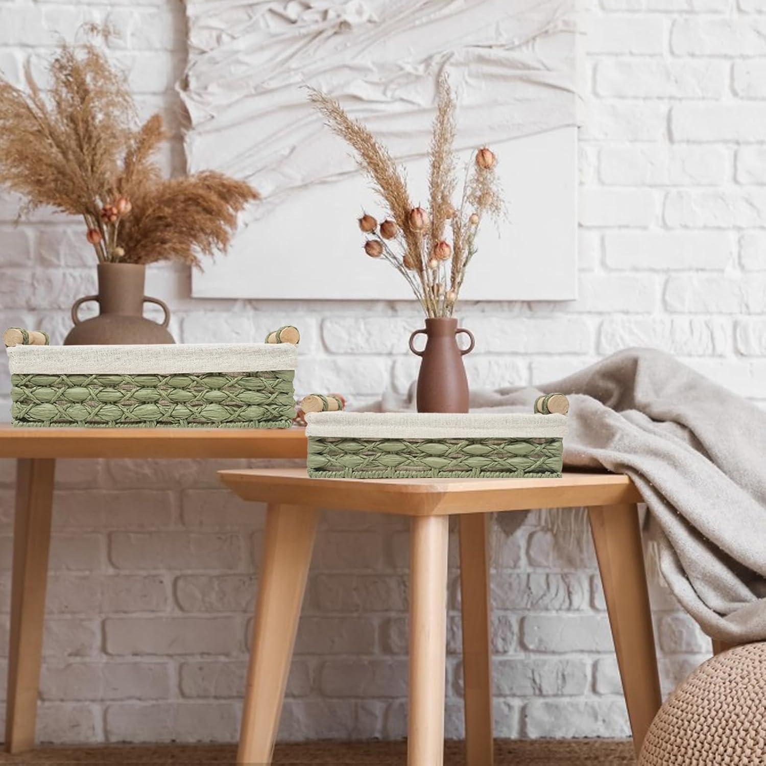 Cesta de almacenamiento de mimbre para organizar con asa, cubos de almacenamiento decorativos para encimera, cesta de almacenamiento de papel