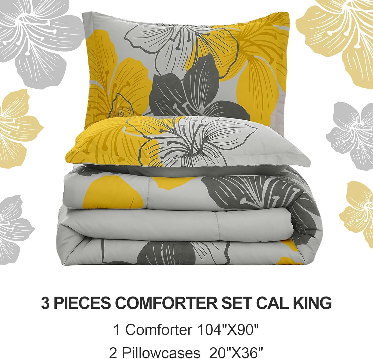 Juego de edredón tamaño California King, estampado floral amarillo en gris, juego de ropa de cama de microfibra suave bohemio para todas las