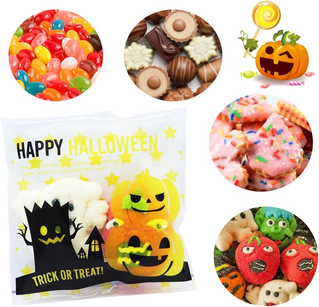 MOLIDA 300 bolsas de dulces de celofán de Halloween, bolsas transparentes para dulces de galletas con adhesivo Sslf para suministros de fiesta de