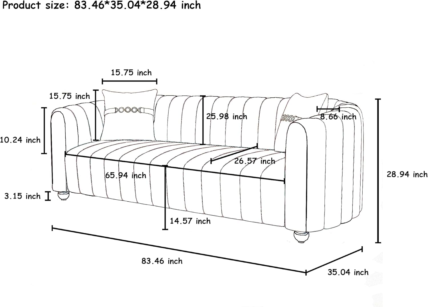 Sofá de terciopelo de 83 pulgadas para sala de estar, sofá moderno y cómodo de 3 plazas con 2 almohadas y patas de metal dorado (verde)