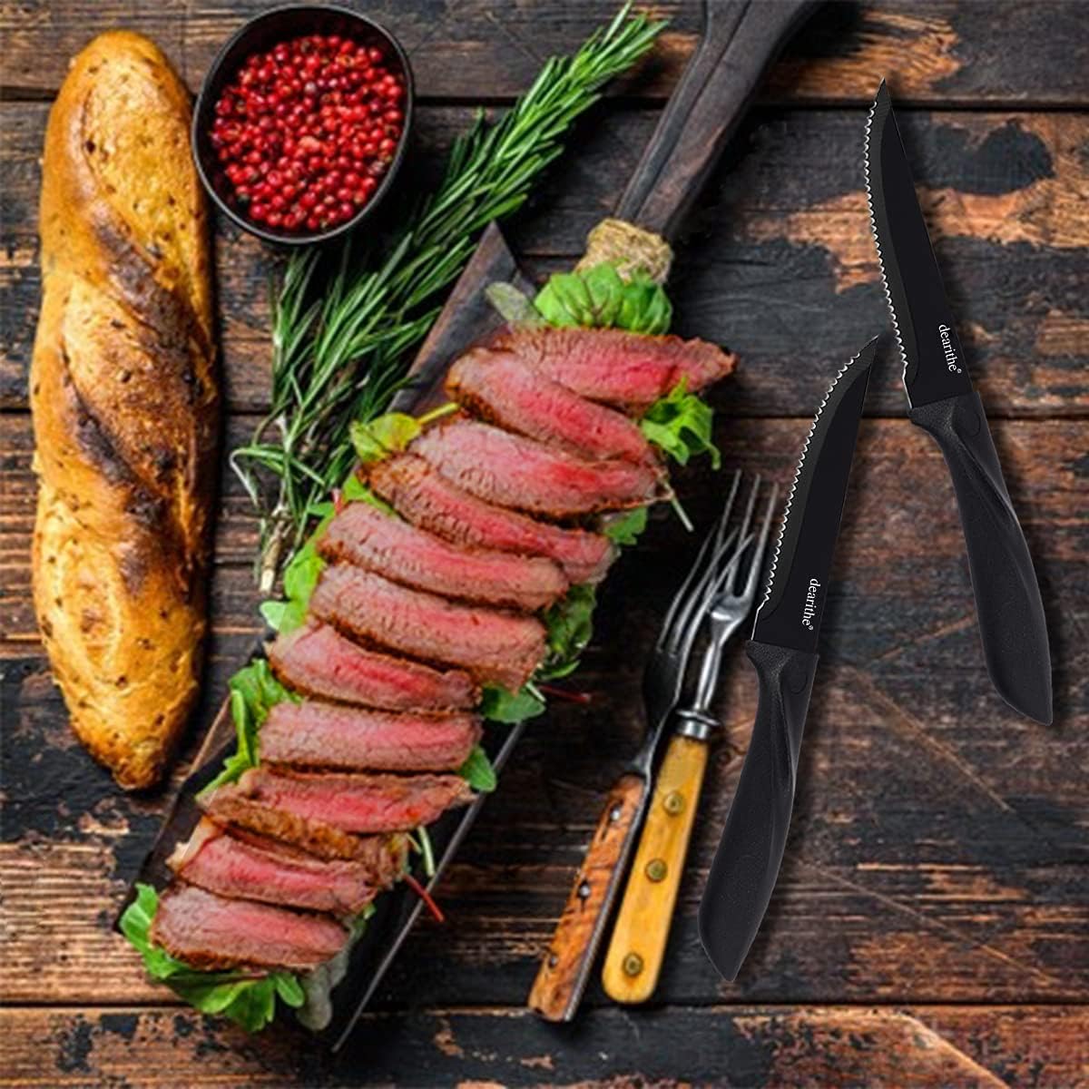 dearithe Juego de 12 cuchillos para carne, acero inoxidable dentado negro dentado de hoja afilada, 4.5 pulgadas, para restaurante, vajilla, cocina,
