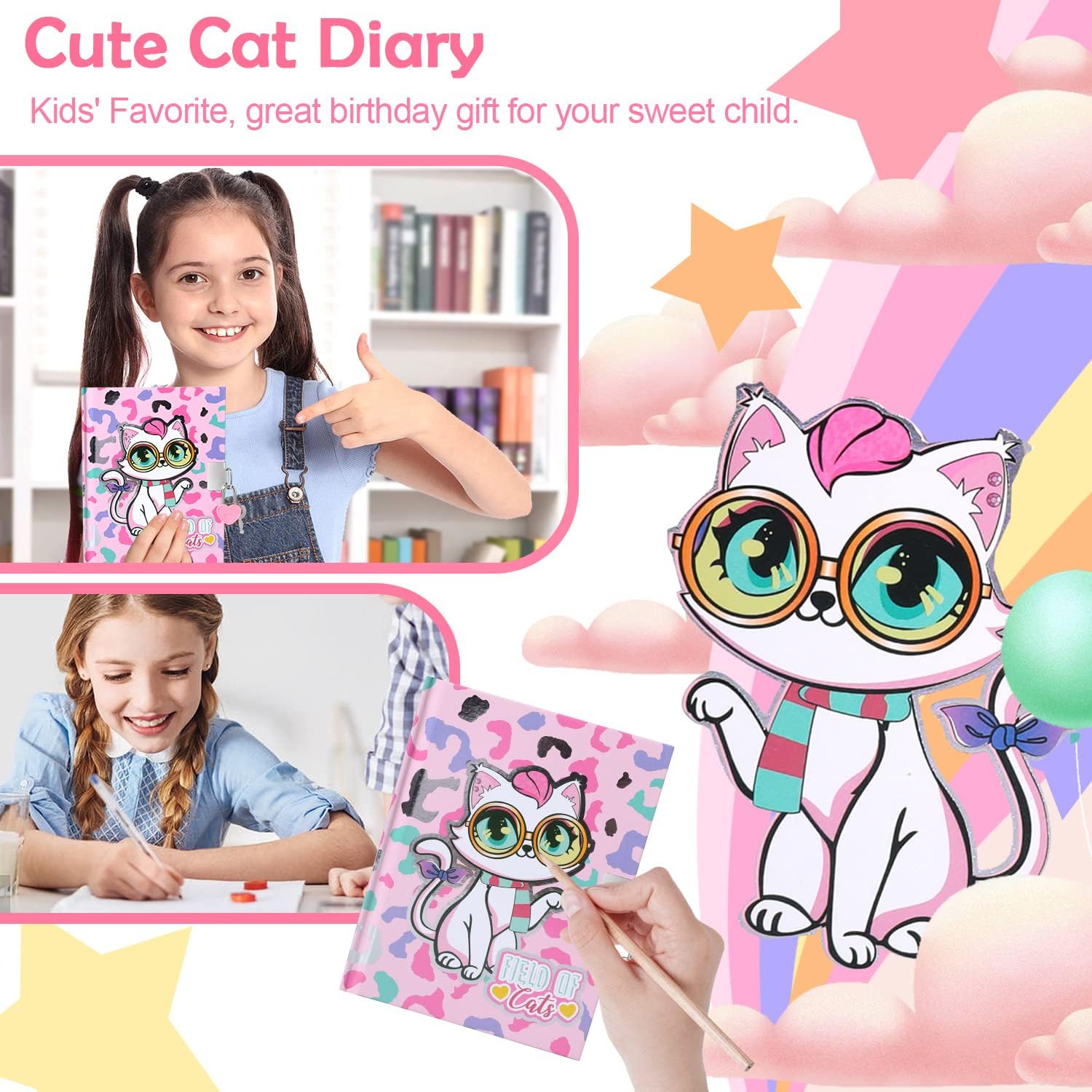 YOYTOO Diario de gato para niñas con cerradura y llaves, juego de papelería de gato con diario, sellos, calcomanías, bolígrafos, diario de