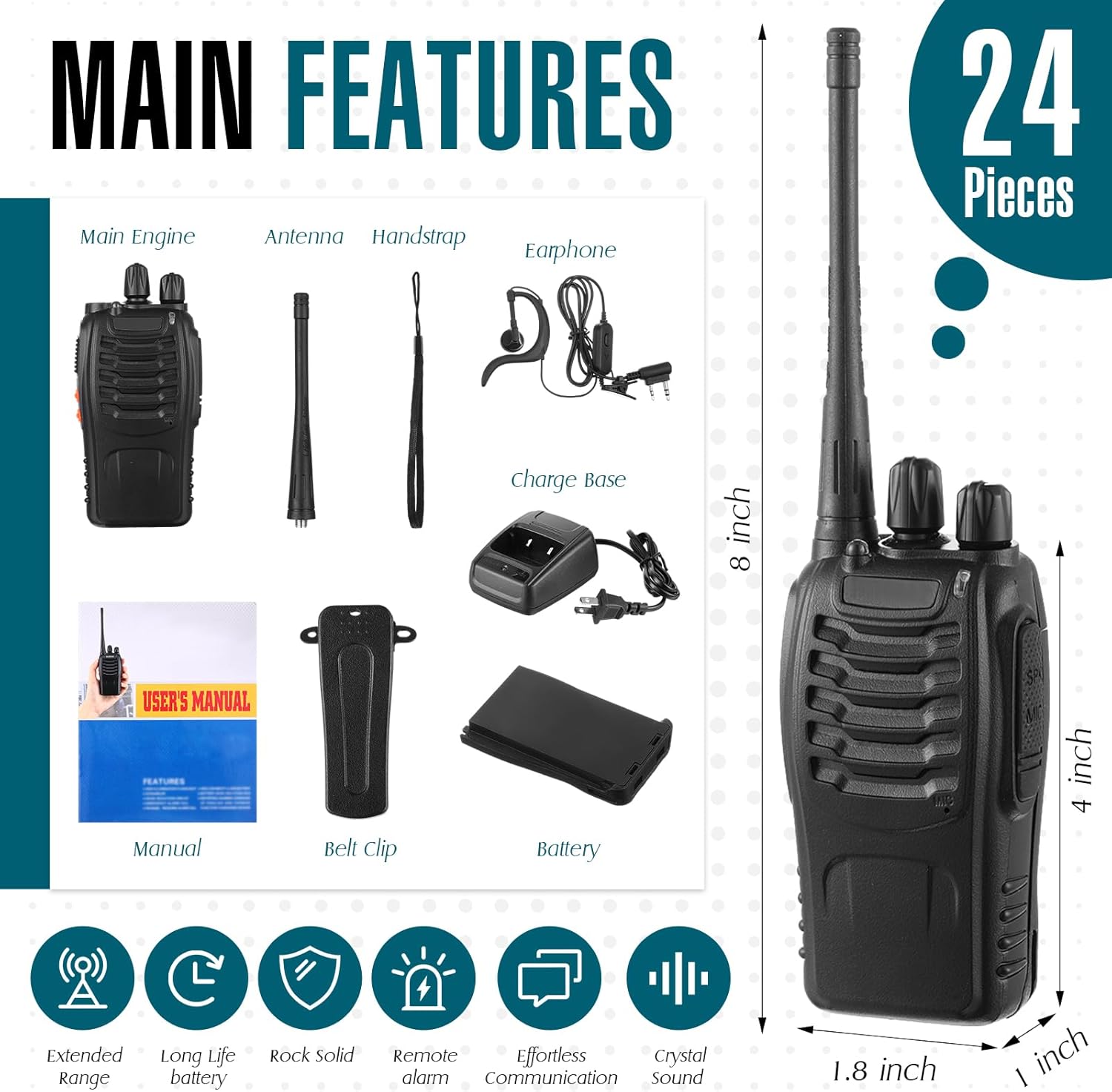 24 piezas Walkie Talkies a granel 2 vías Radio Set con auricular Walkie Talkies para adultos Walkie Talkies con base de cargador, batería, antena