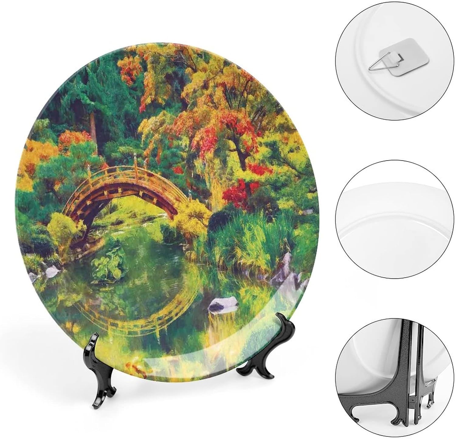 Plato decorativo de 8 pulgadas, plato de vajilla de decoración campestre, imagen de hadas del jardín japonés con estampado de puente antiguo