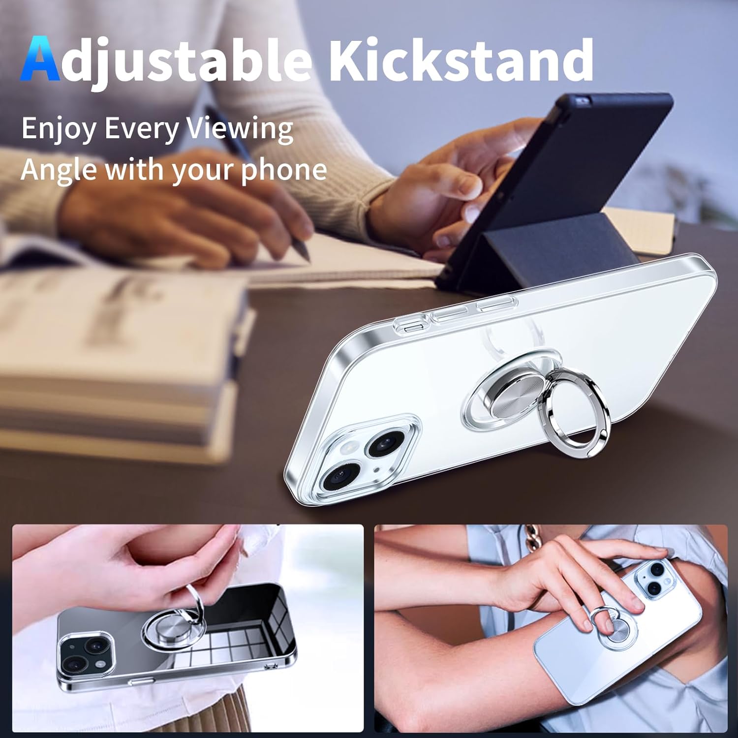 Funda transparente para iPhone 15 Plus con soporte de anillo de 360 con soporte de anillo de 360, transparente, delgada, ligera, antiamarillamiento,