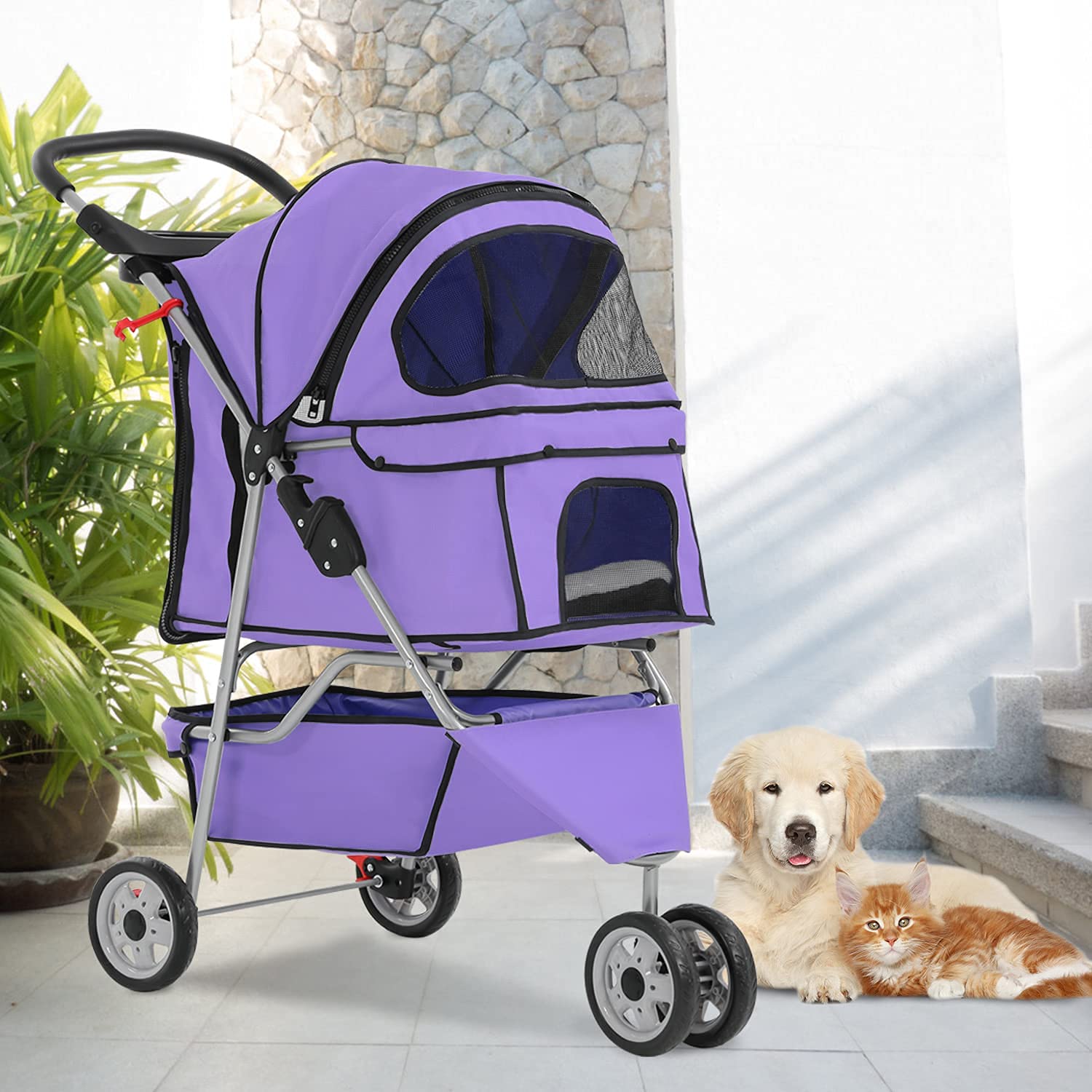 FLL Cochecito para perros y gatos con cesta de almacenamiento, plegable, ligero, para gatos, suave y fácil de caminar, para perros y gatos medianos