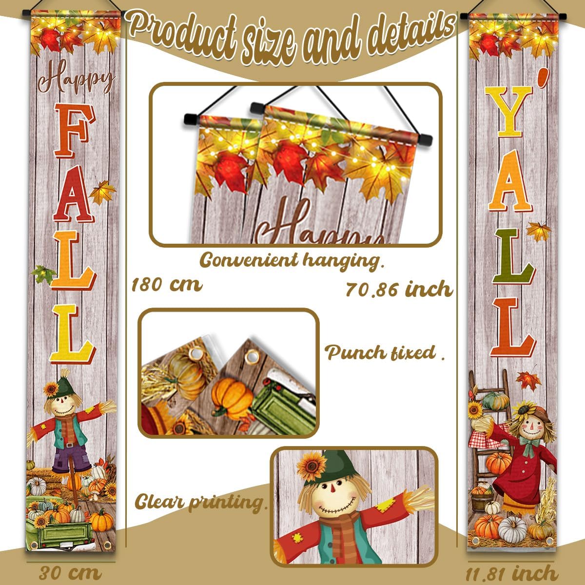 Cartel colgante de Acción de Gracias para el porche con texto en inglés “Happy Fall Y’all”, decoración de fiesta, espantapájaros, calabaza, cosecha