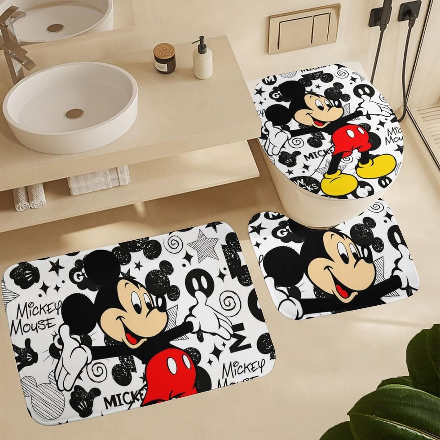 Juego de 4 cortinas de ducha de dibujos animados lindos con alfombras antideslizantes, cubierta para tapa de inodoro y tapete de baño, juego de baño
