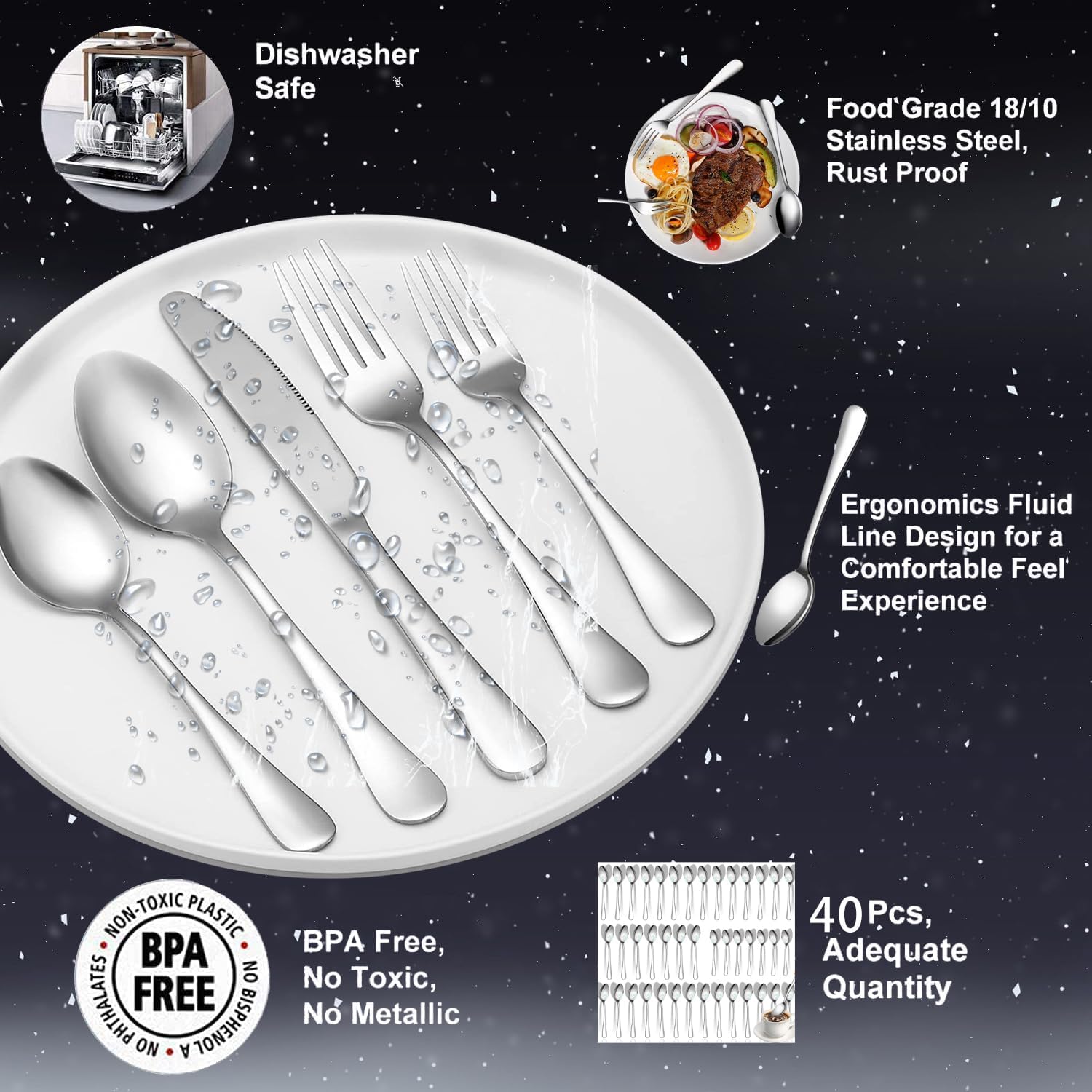 Juego de 40 cucharas, cucharas de cena y cucharas de café, cucharadas de acero inoxidable y cucharas de té, cubiertos pulidos con espejo, juego de
