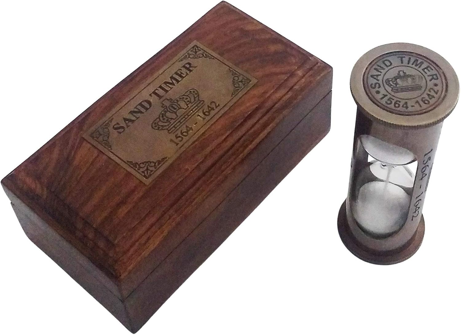 Temporizador de arena blanco de latón envejecido de 3.0in en caja de madera, regalo marítimo (latón)