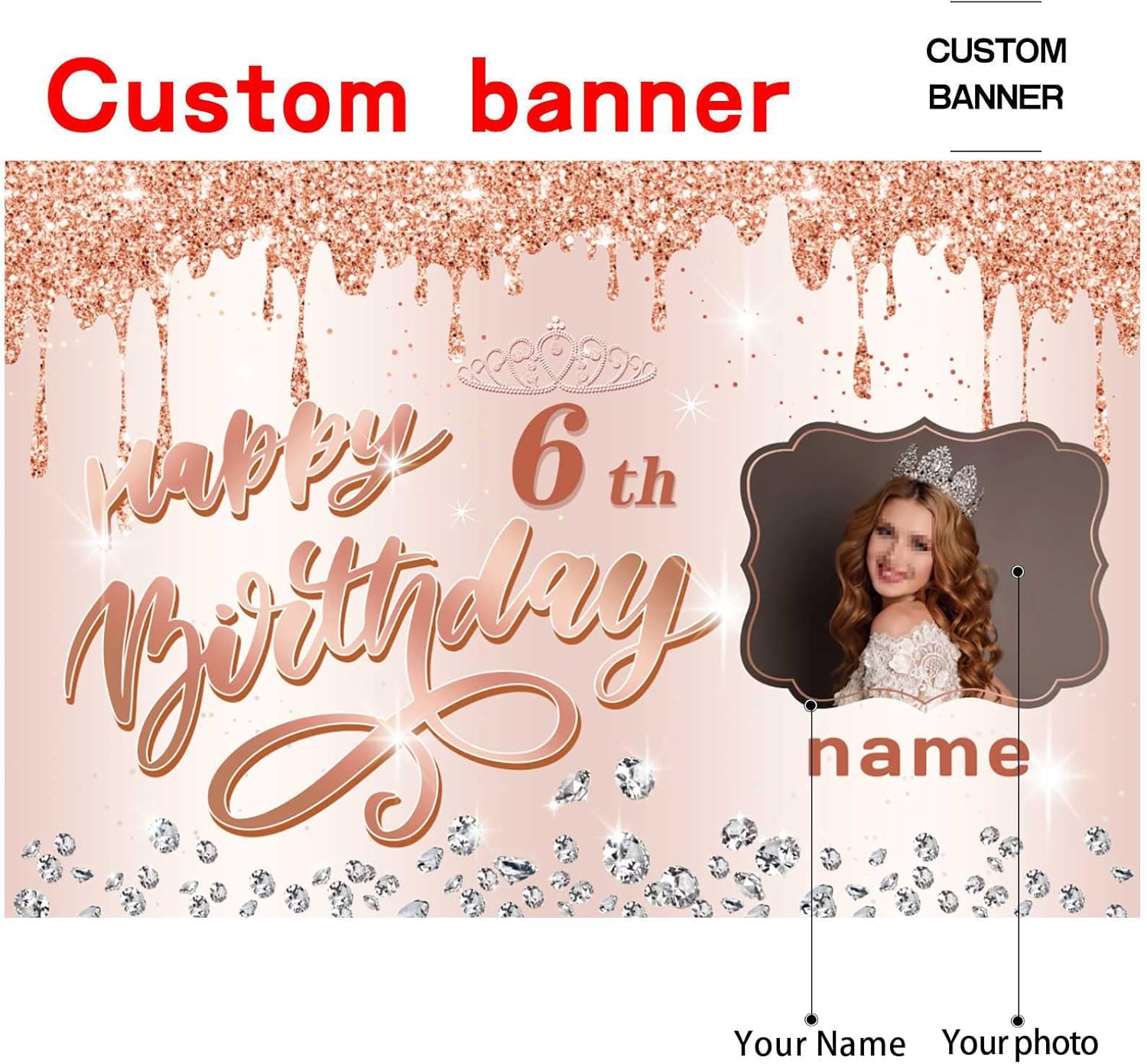 Cartel personalizable de decoración de feliz cumpleaños número 6, color oro rosa, personalizado con nombre y foto