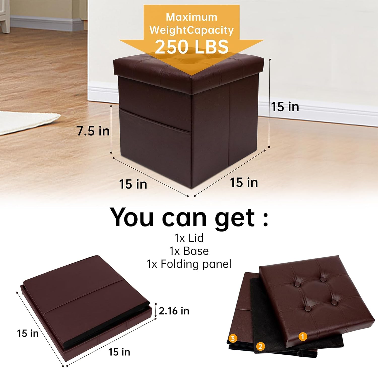 xuperbonus Otomana cuadrada de almacenamiento plegable de 15 pulgadas con bolsillo lateral, cubo de cuero marrón, reposapiés, asiento para