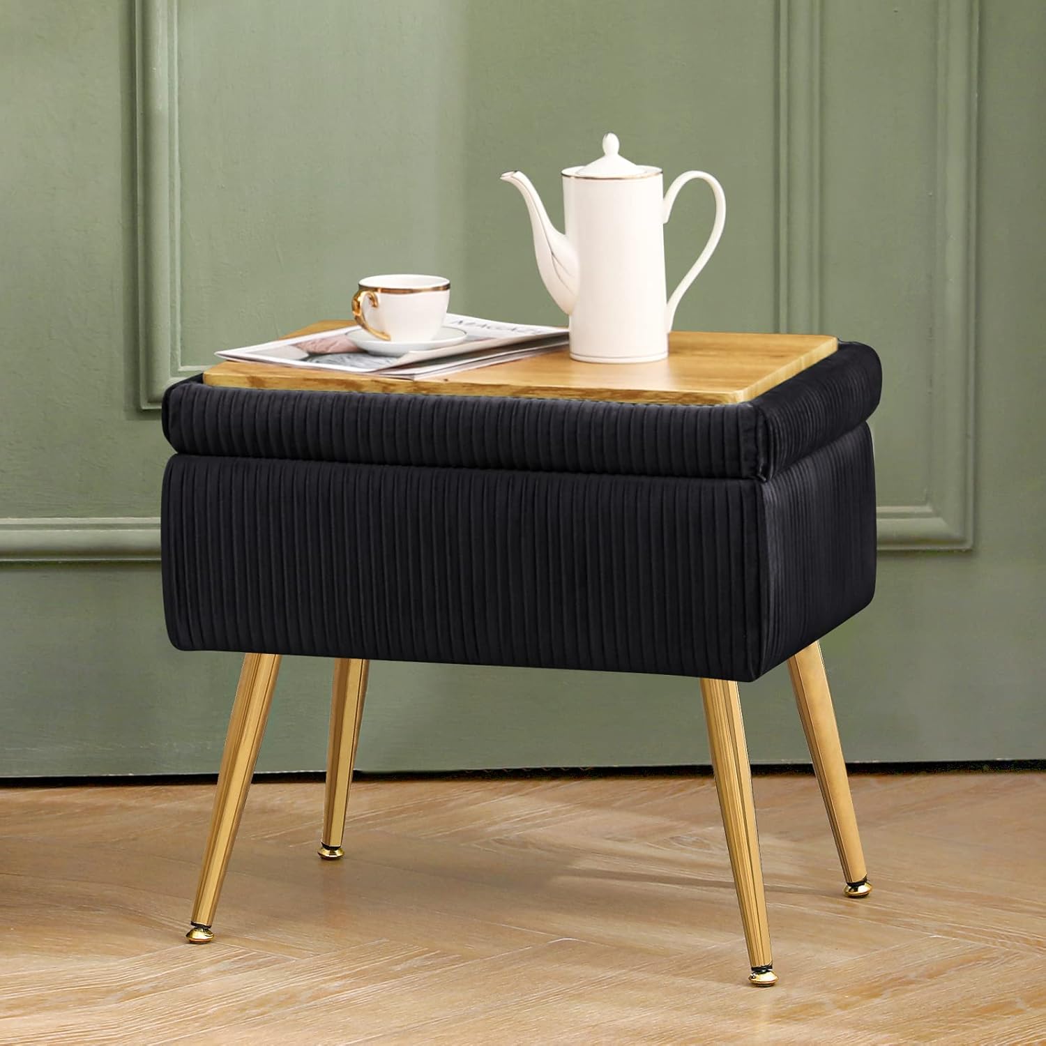 Furnimart Banco de almacenamiento pequeño de terciopelo, otomana tapizada con almacenamiento, taburete cuadrado para tocador, taburete reposapiés