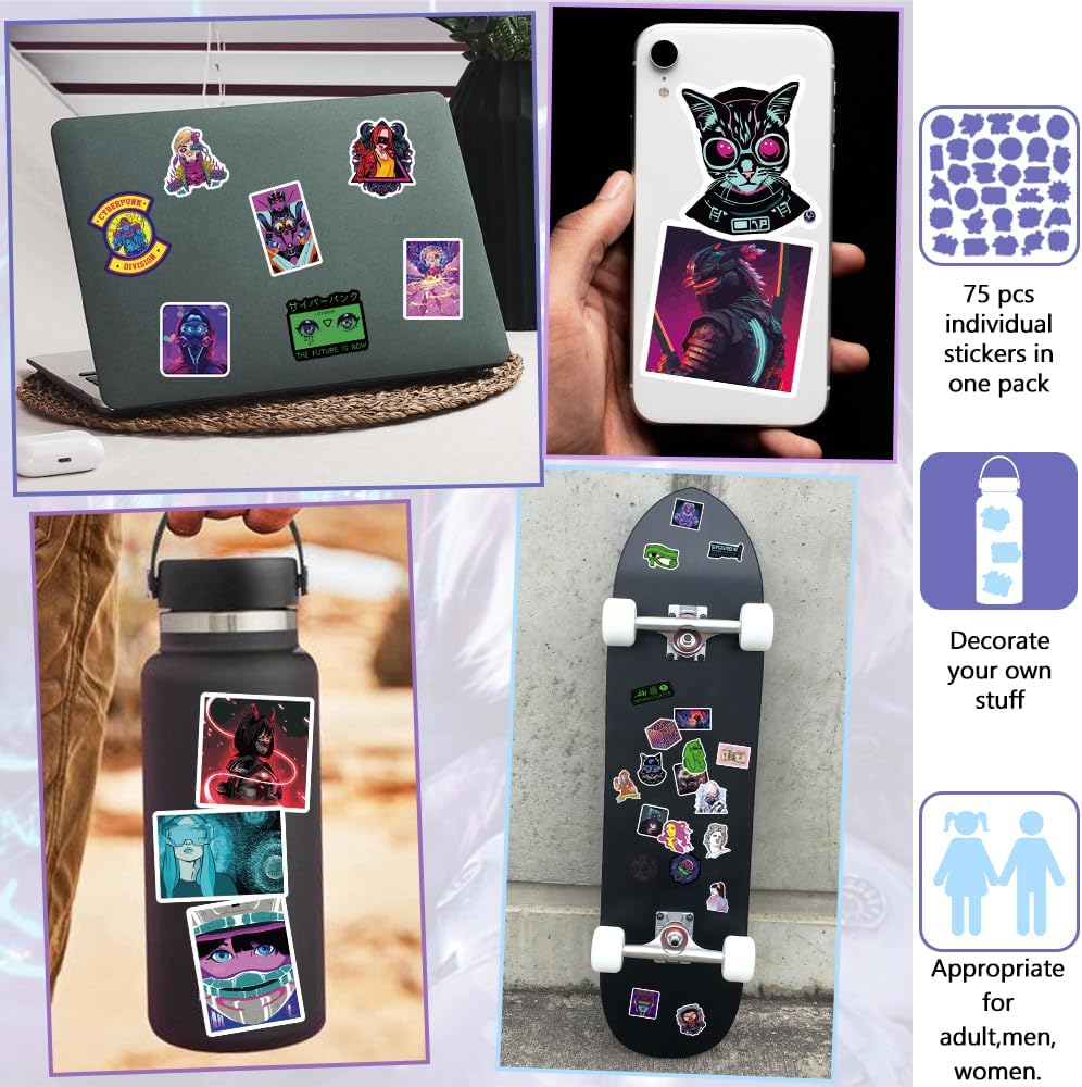 DETICKERS 75 calcomanías Cyberpunk para laptop, calcomanías de vaporwave para adultos, calcomanías Cyberpunk impermeables de vinilo vaporwave para