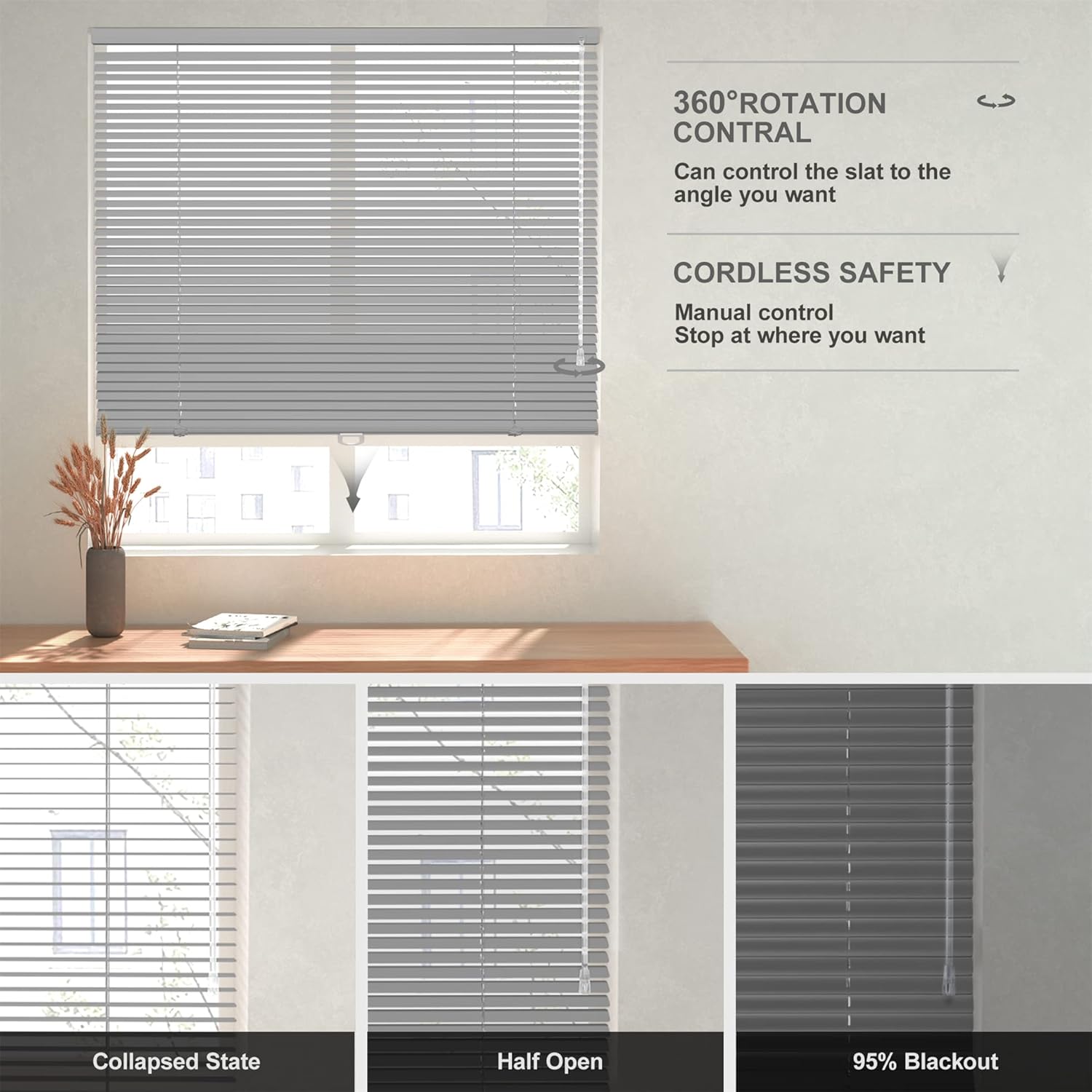 Mini persianas de aluminio, persianas de ventana sin cordones de 1 pulgada, persianas horizontales personalizadas, para oscurecer la habitación,