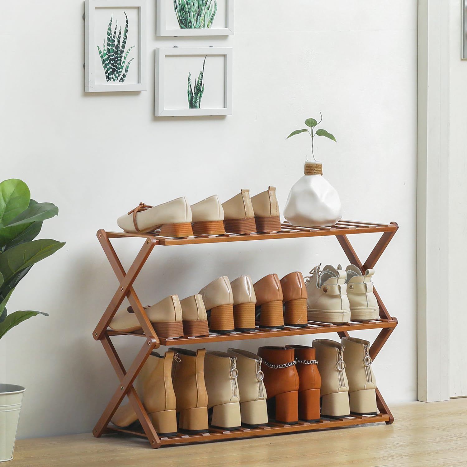 Magshion Organizador de zapatos plegable de bambú, estantes de zapatos apilables con estantes para sala de estar, entrada, oficina, vestíbulo,