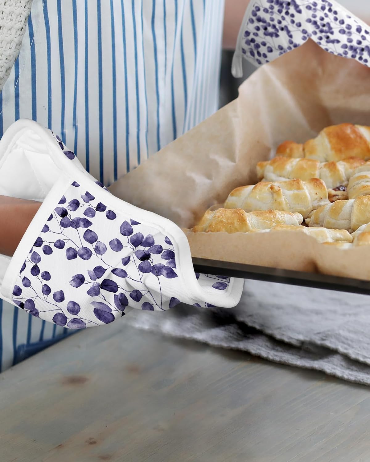 Purple 5Pcs Pot Holders for Kitchen, Non Slip & Heat Insulation Terry Cloth Potholder Set with Pocket, Thick Hot Pad Oven Mitts Trivet Coaster for
