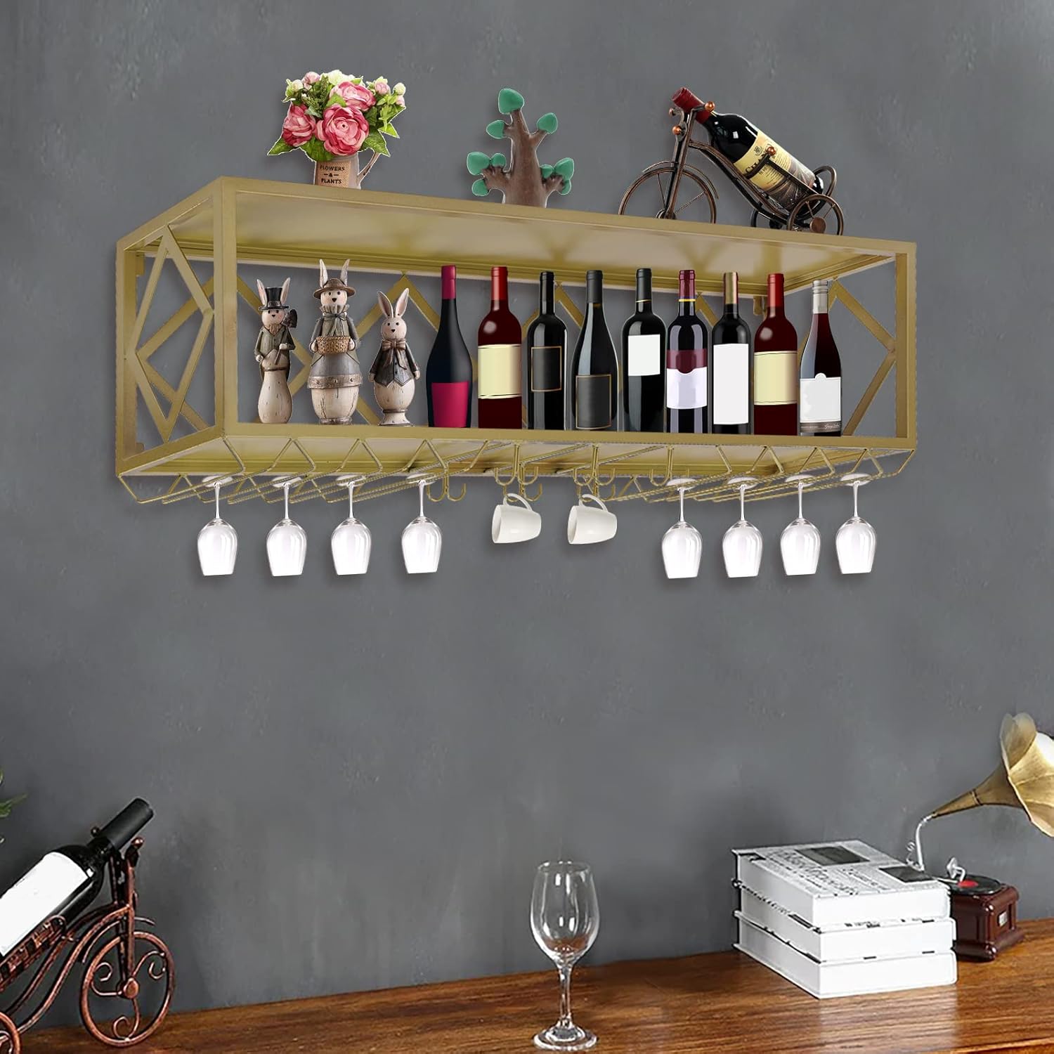Estantes de vino montados en la pared, estantes flotantes para copas de vino invertidas, soporte multifuncional para botellas de hierro, estante