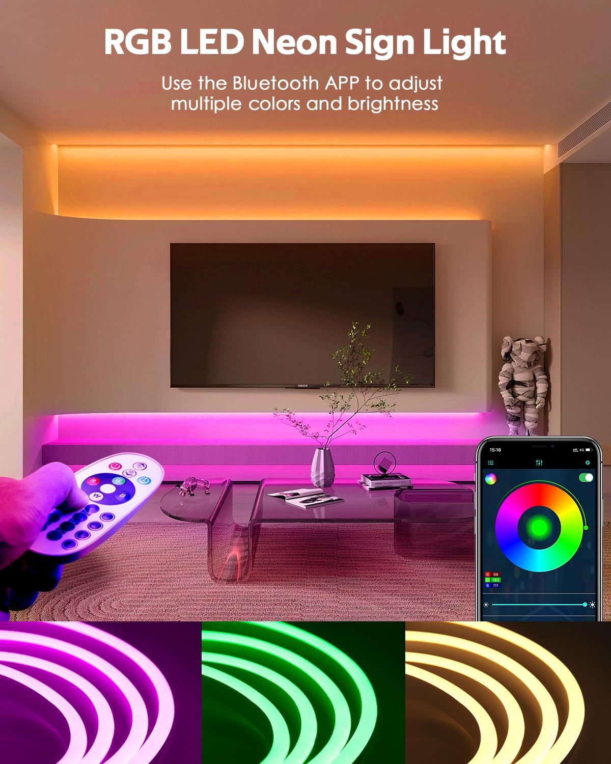 Samsion Waterpfoof – Tira de luces de neón RGB para exteriores, 115 pies, con regulador de intensidad de neón, sincronización de música, cambio de