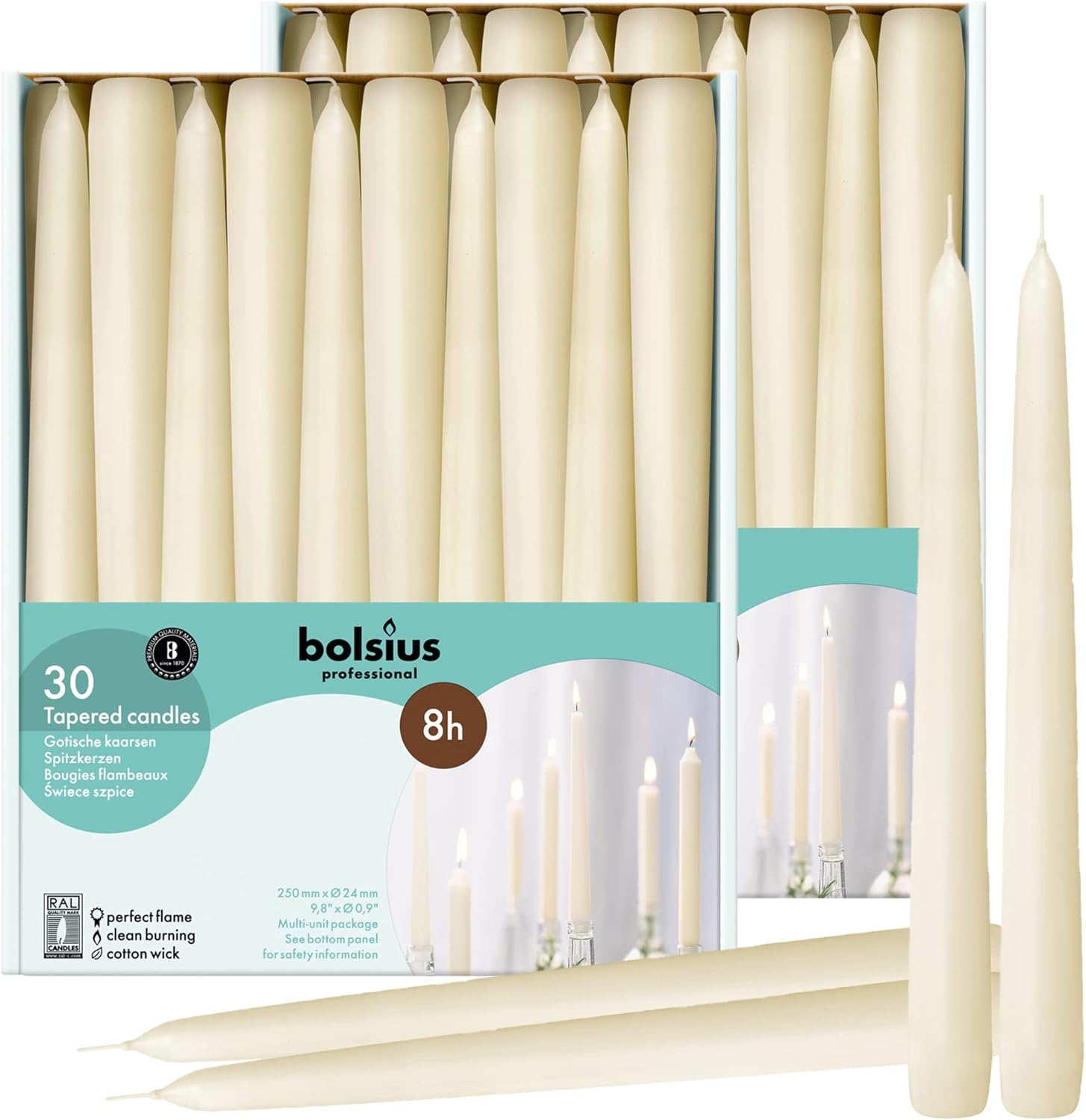 BOLSIUS 60 velas cónicas color marfil para el hogar, 10 pulgadas, calidad europea premium, 8 horas de tiempo de combustión, sin perfume, sin goteo y