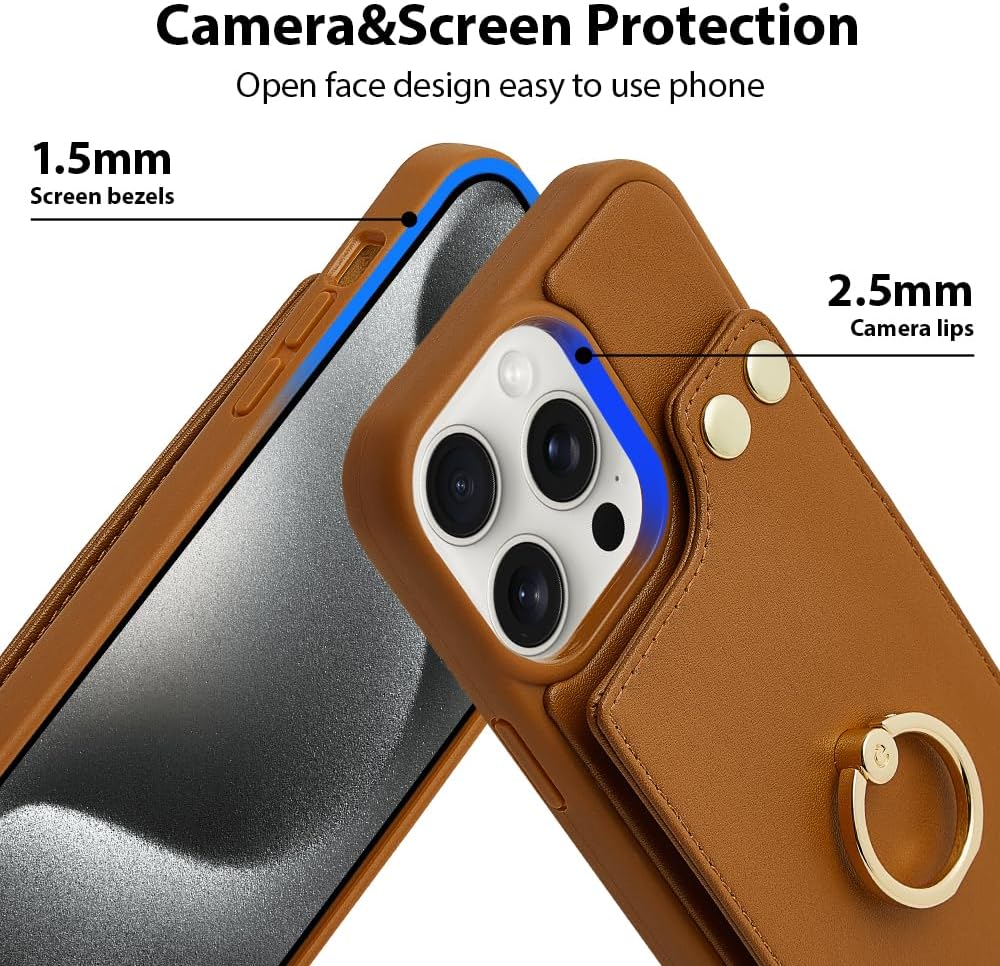 LAMEEKU Funda tipo cartera para iPhone 15 Pro con soporte para tarjetas, funda de piel sintética con ranuras para tarjetas, soporte de anillo de