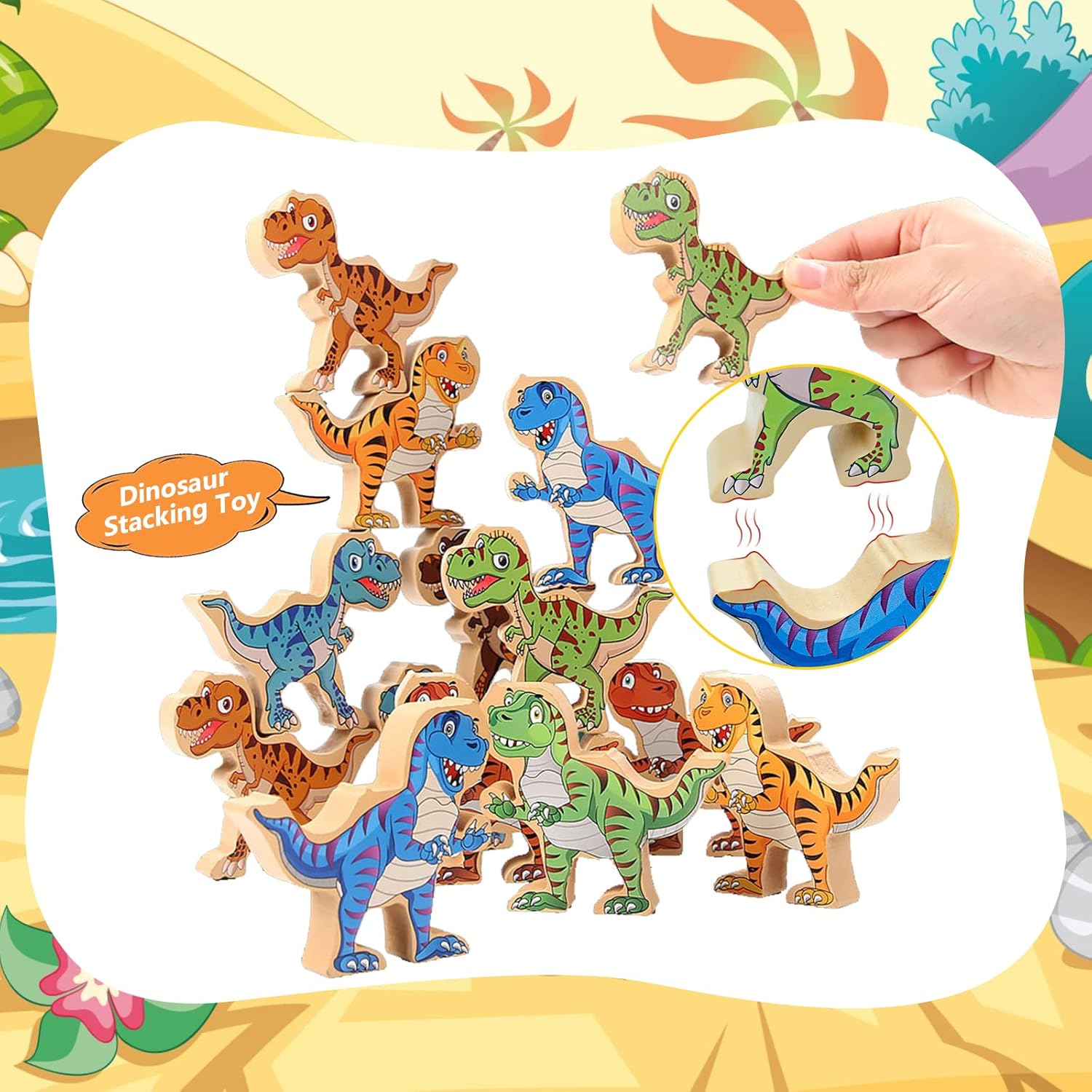 Juguetes de dinosaurio apilables de madera para niños, 16 piezas de juguete de dinosaurio para niños de 3 a 5 años, juguetes Montessori, juego de
