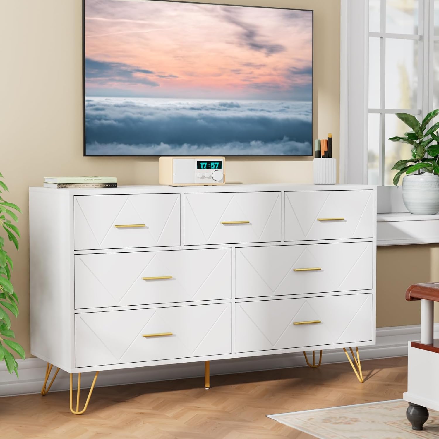 JOZZBY Cómoda para dormitorio, cómoda de 7 cajones, cómoda blanca con asas doradas, cómodas modernas y cómodas, cómoda para niños, para dormitorio,