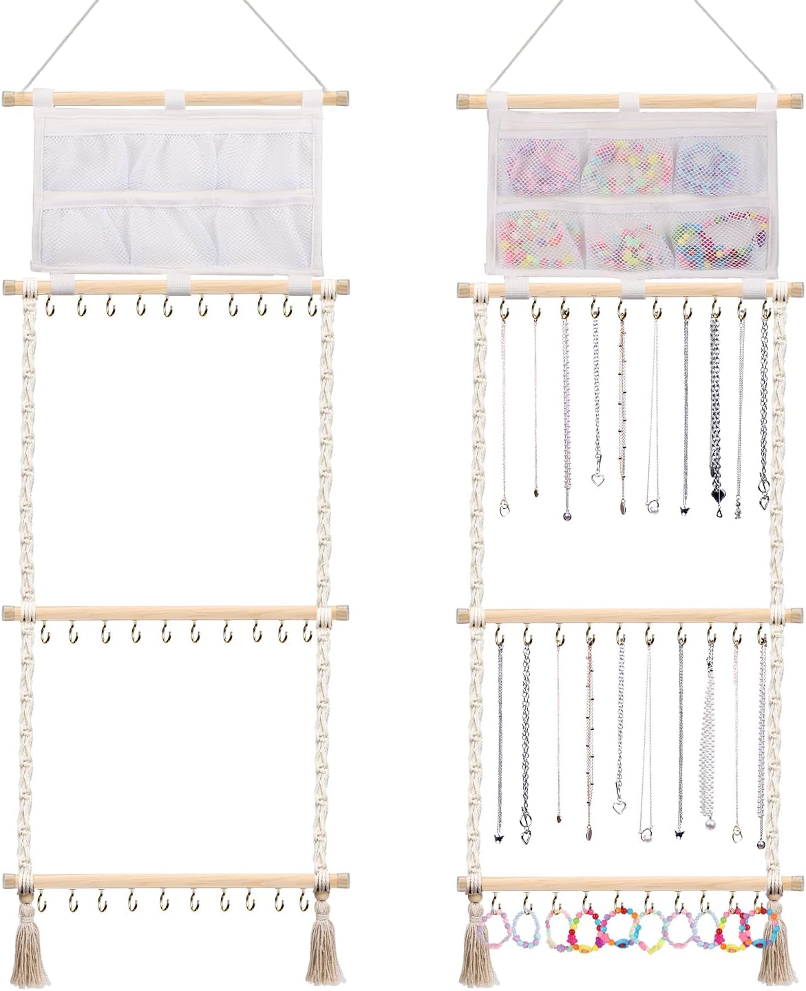 Organizador de joyas colgante de macramé con 30 ganchos montado en la pared, colgador de joyas sobre la puerta, estante para collares con borla para