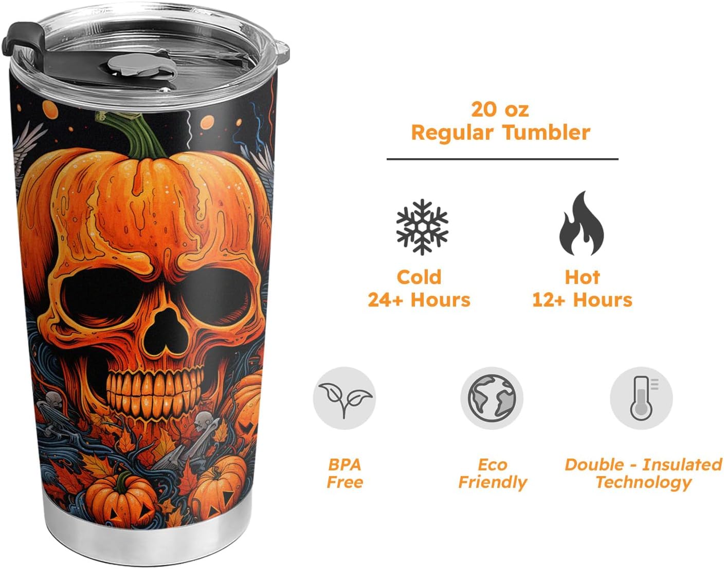Vaso de Halloween de 20 onzas, vaso de calavera, vaso de calavera de calabaza de Halloween, taza de viaje aislada con tapa, termo de café para