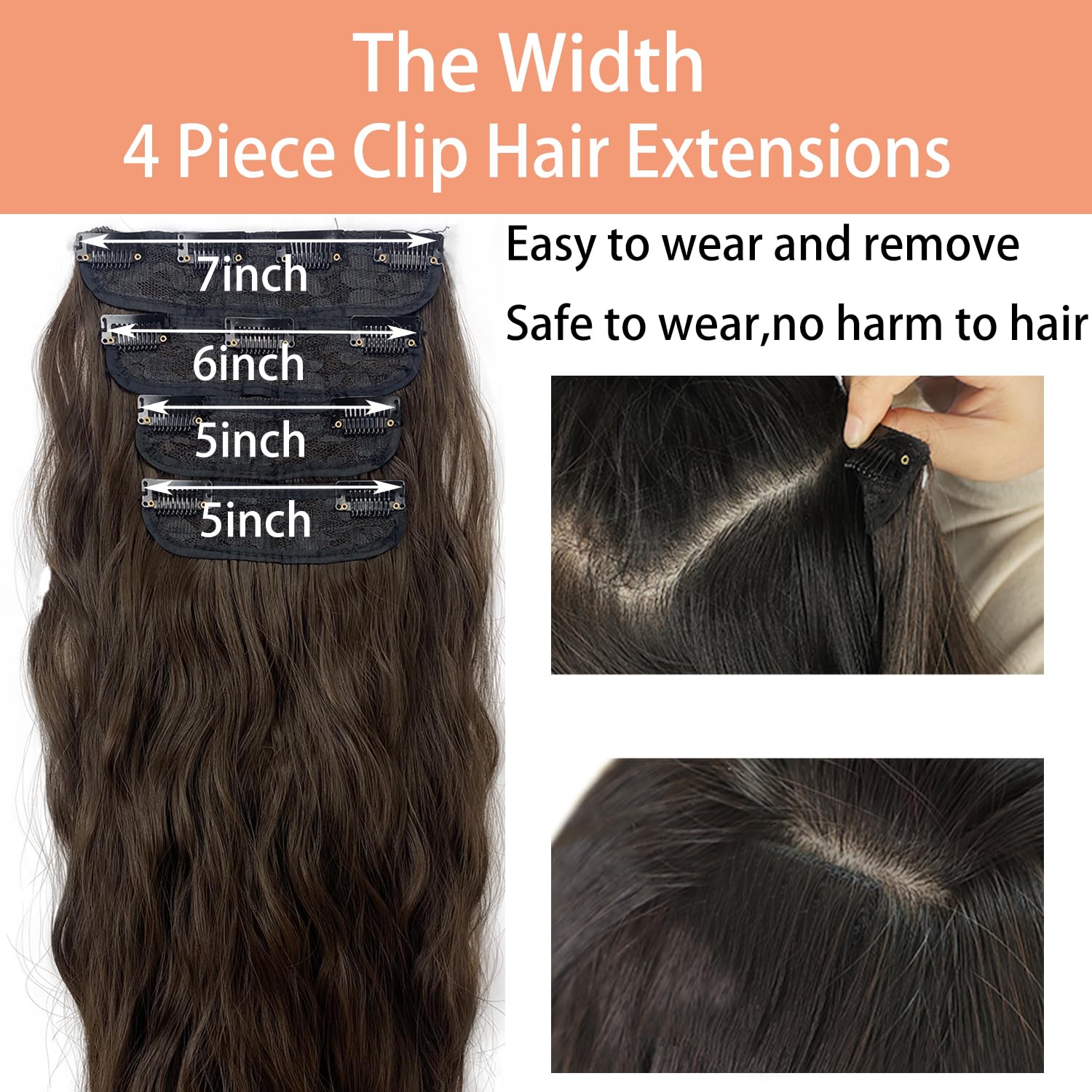 MIMISERVICE Extensiones de cabello con pinzas, extensiones de cabello largo ondulado castaño castaño castaño 4 piezas gruesas, fibra de doble trama